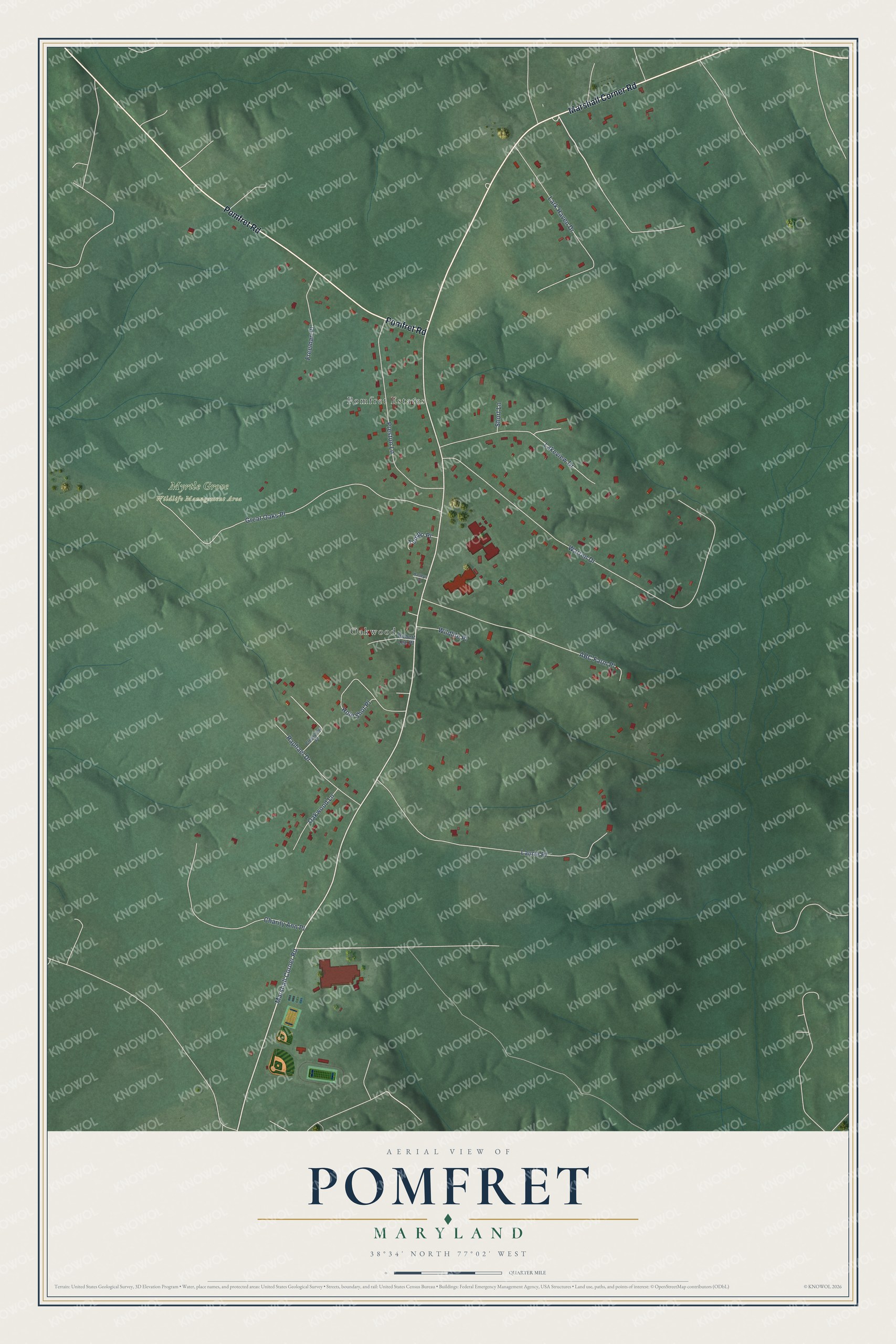 Full map of Pomfret, Maryland, with red buildings, printed street names and the land around them