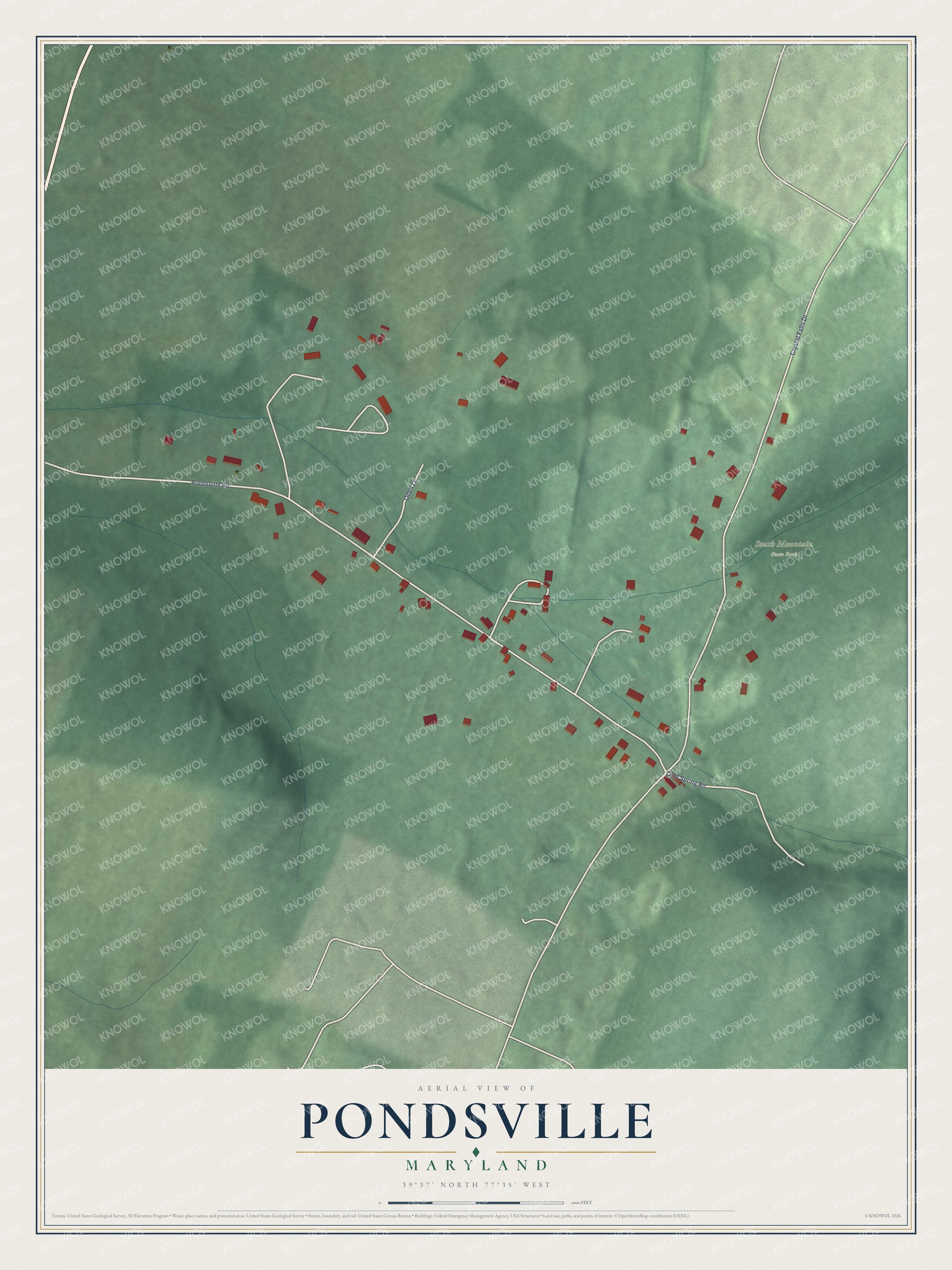 Full map of Pondsville, Maryland, with red buildings, printed street names and the land around them
