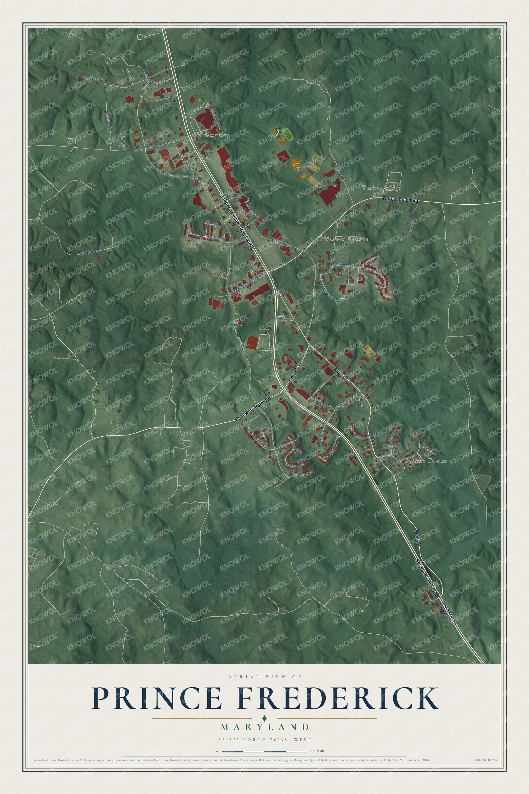 Full map of Prince Frederick, Maryland, with red buildings, printed street names and the land around them