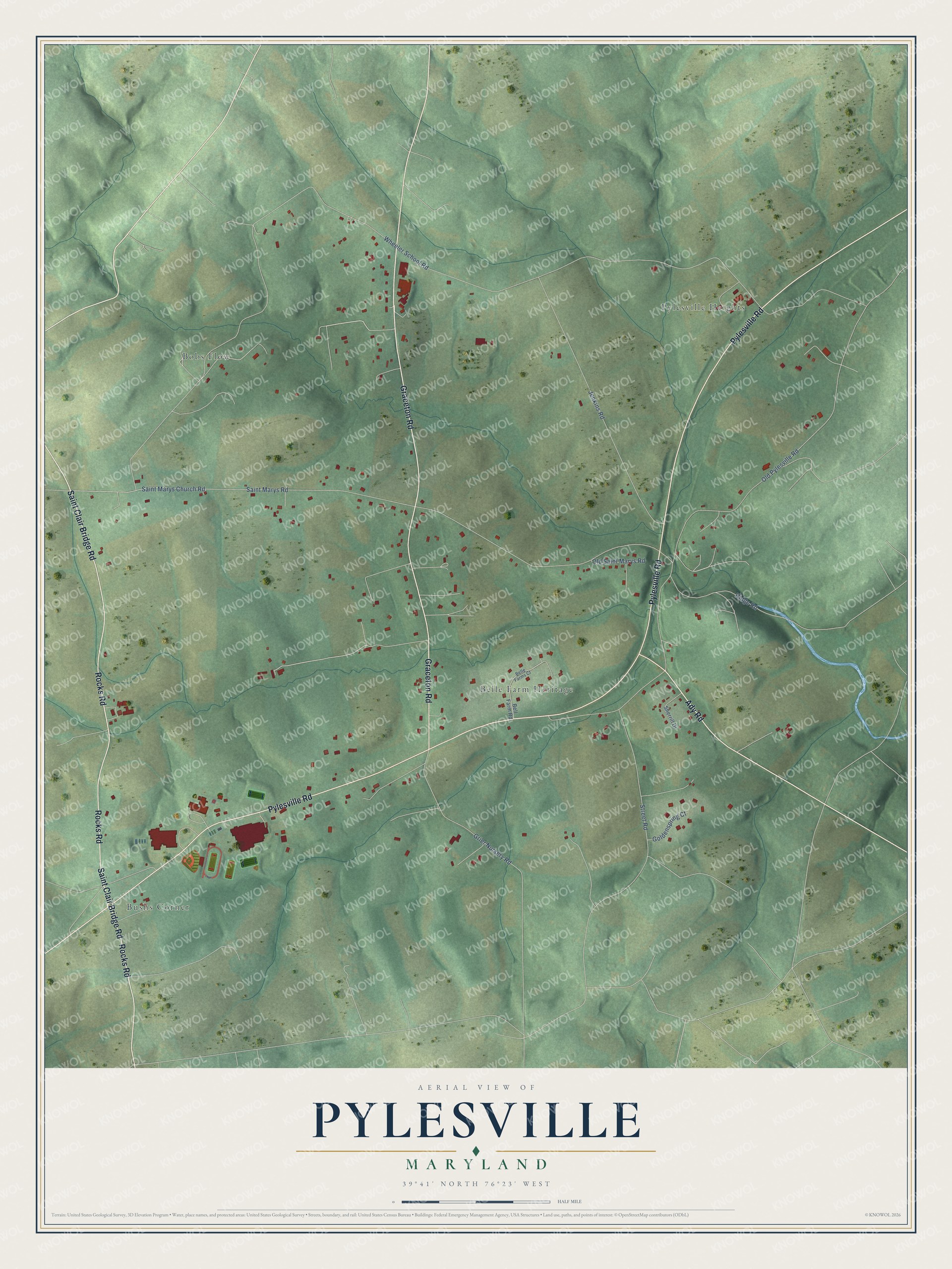 Full map of Pylesville, Maryland, with red buildings, printed street names and the land around them