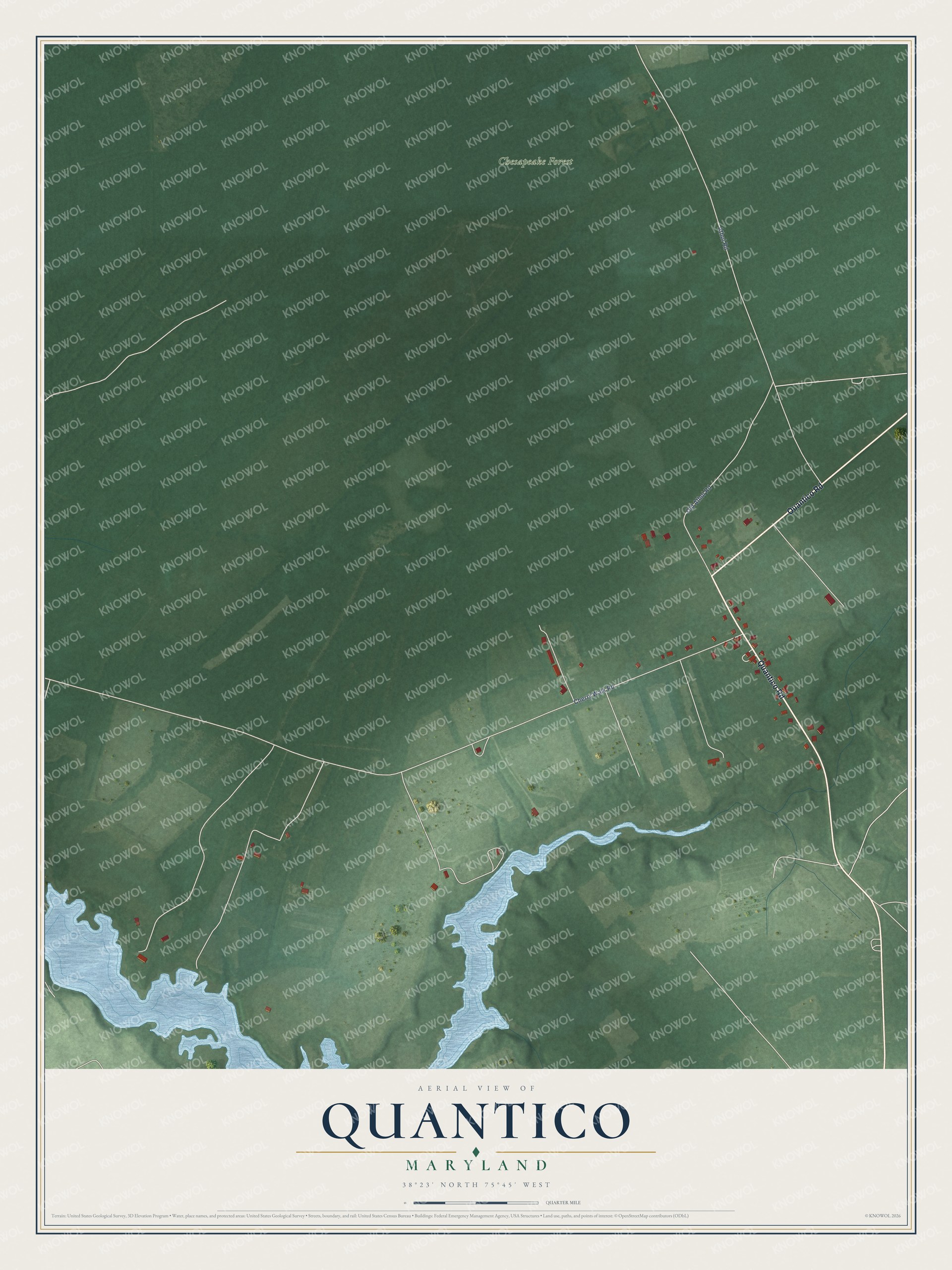 Full map of Quantico, Maryland, with red buildings, printed street names and the land around them