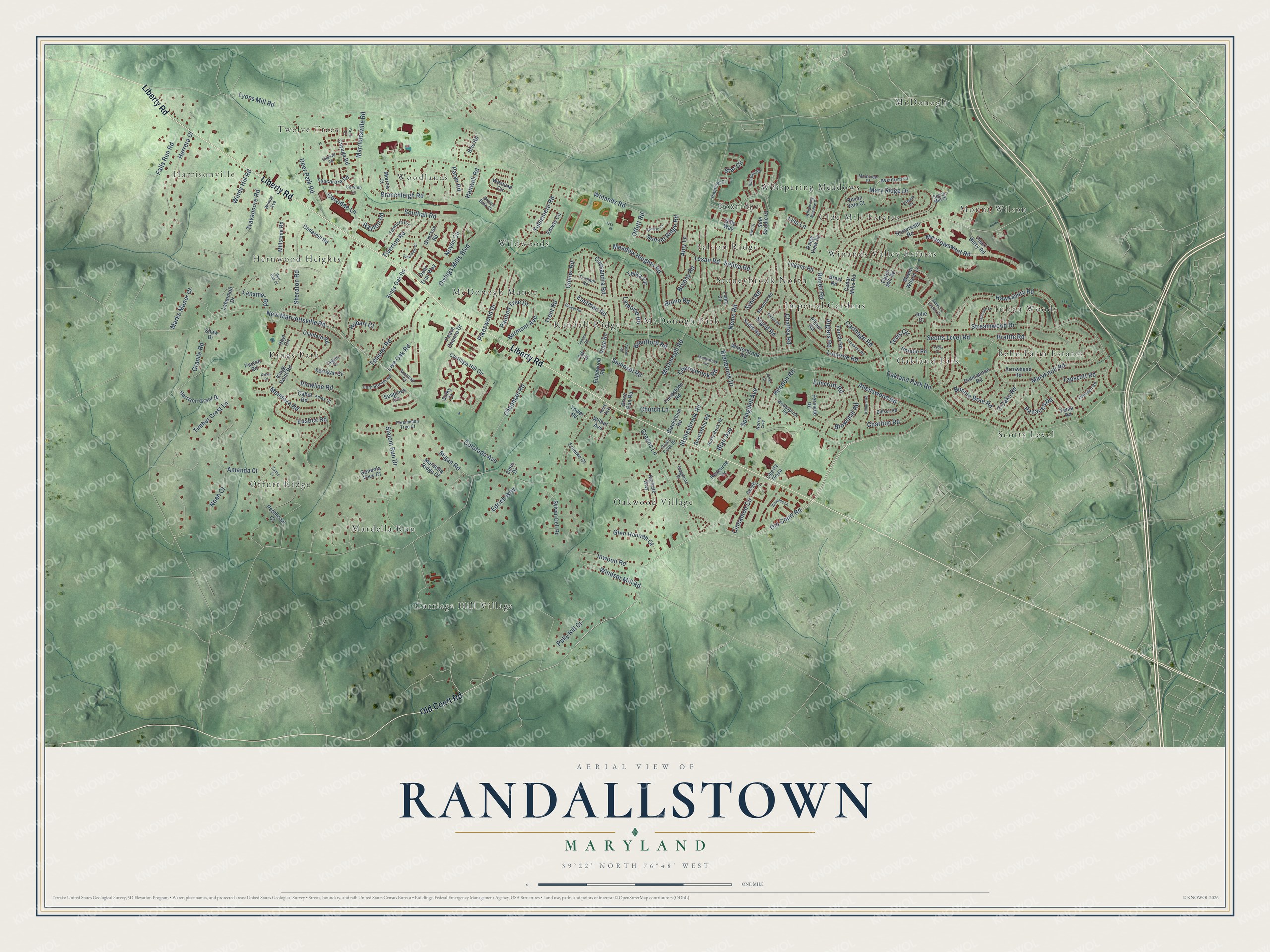 Full map of Randallstown, Maryland, with red buildings, printed street names and the land around them
