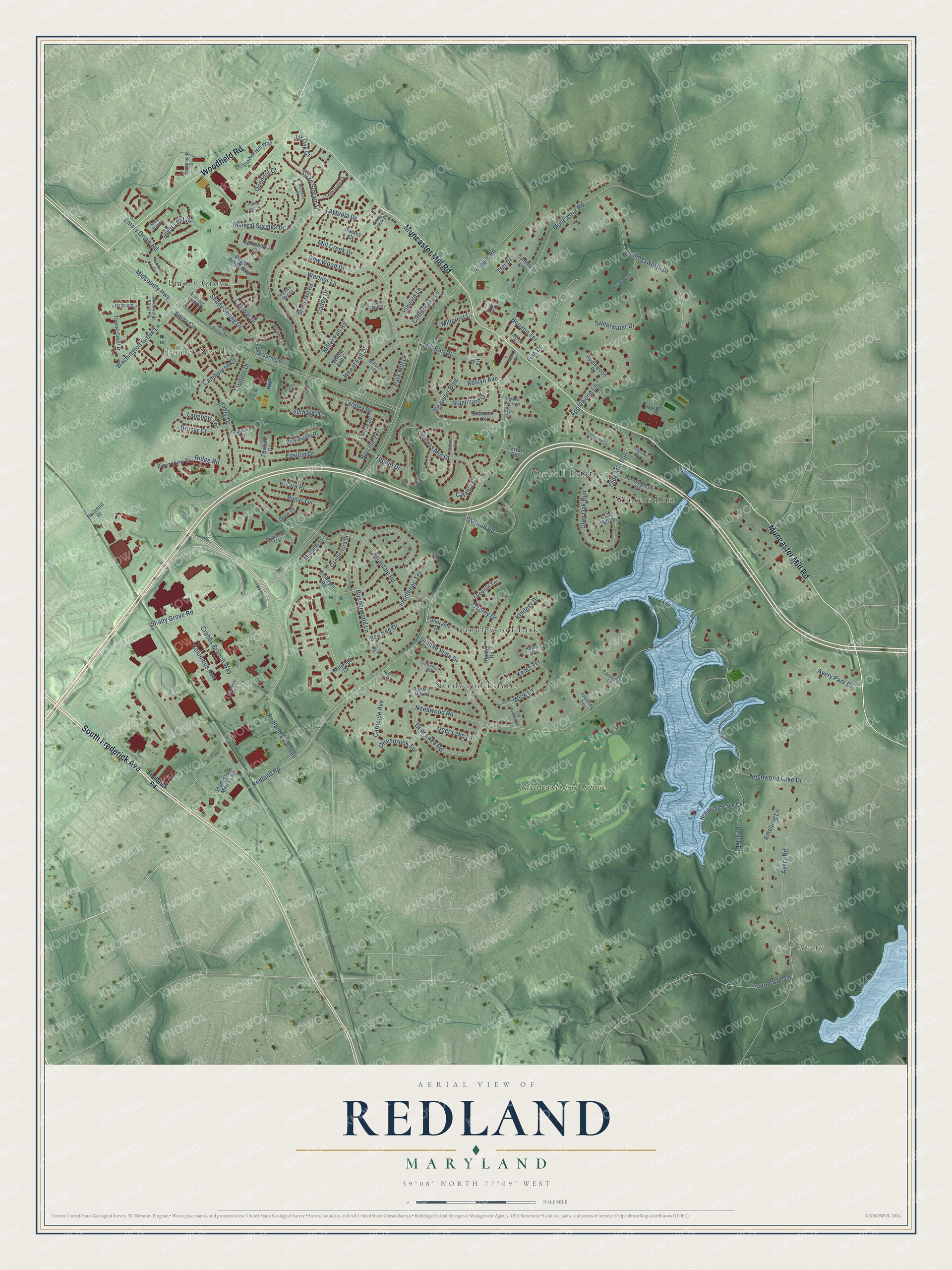 Full map of Redland, Maryland, with red buildings, printed street names and the land around them