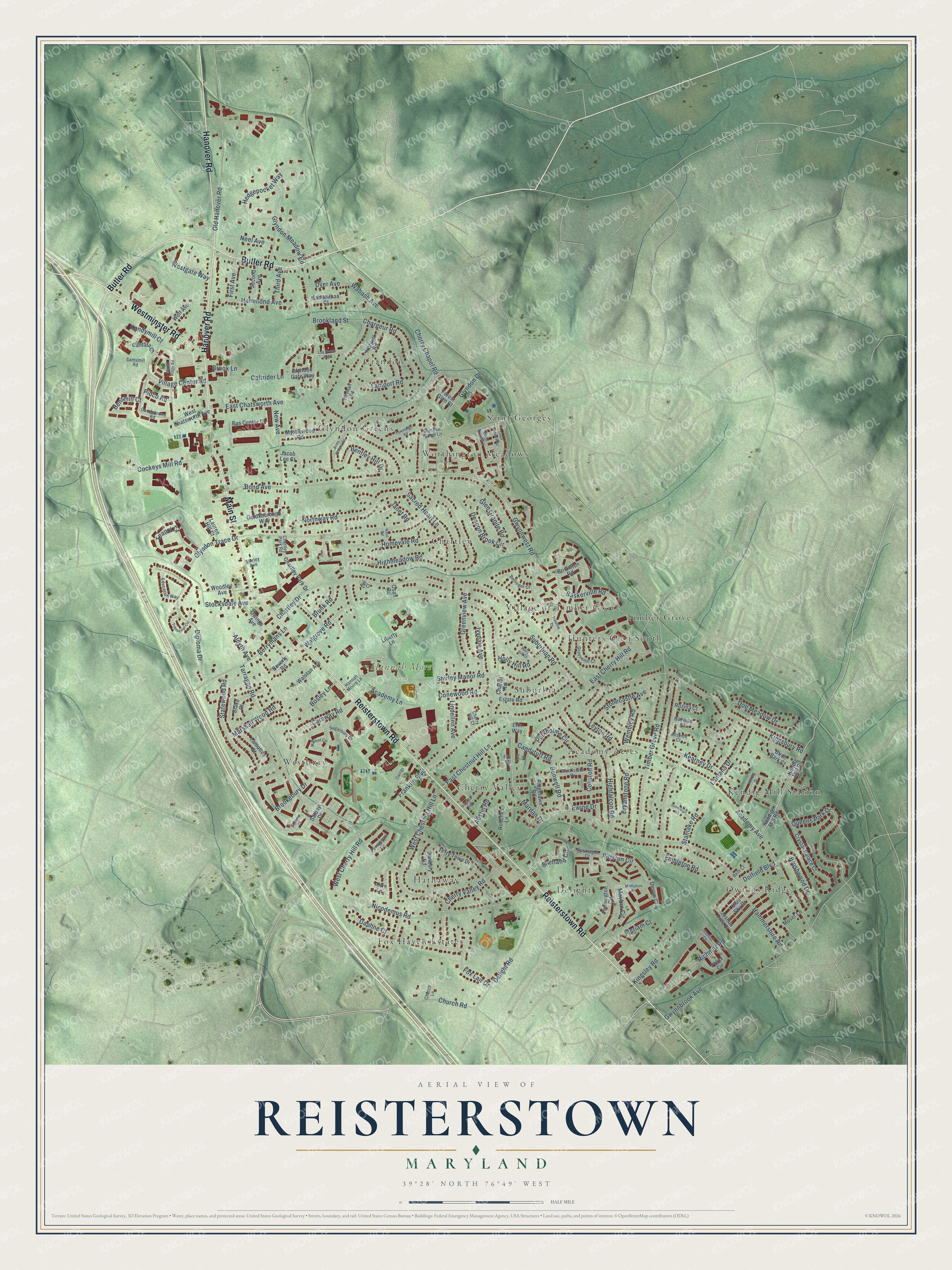 Watermarked full-map preview of Reisterstown, Maryland