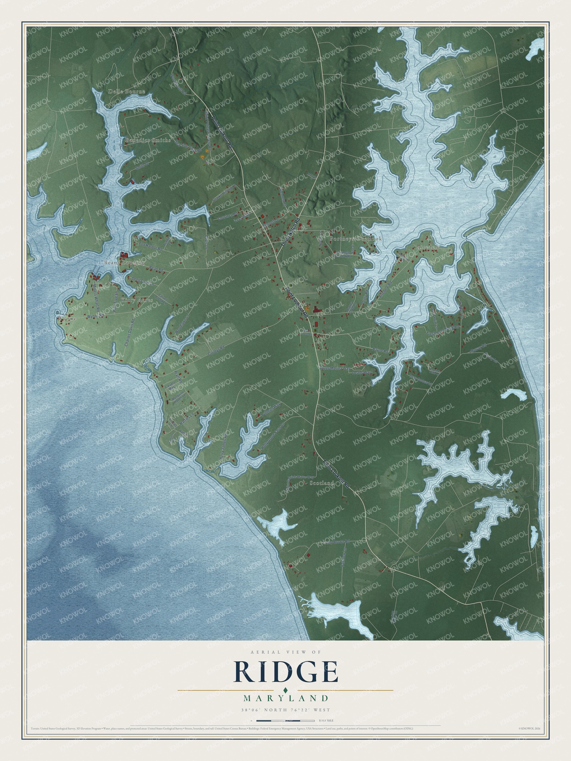 Full map of Ridge, Maryland, with red buildings, printed street names and the land around them