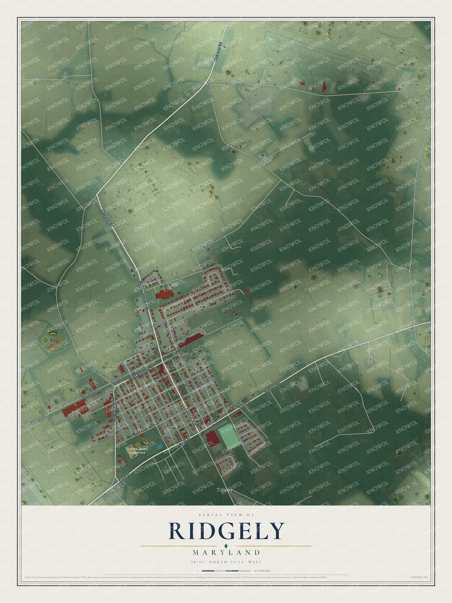 Full map of Ridgely, Maryland, with red buildings, printed street names and the land around them