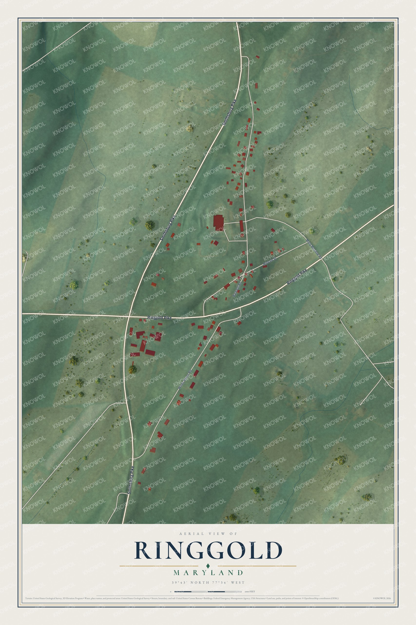 Full map of Ringgold, Maryland, with red buildings, printed street names and the land around them