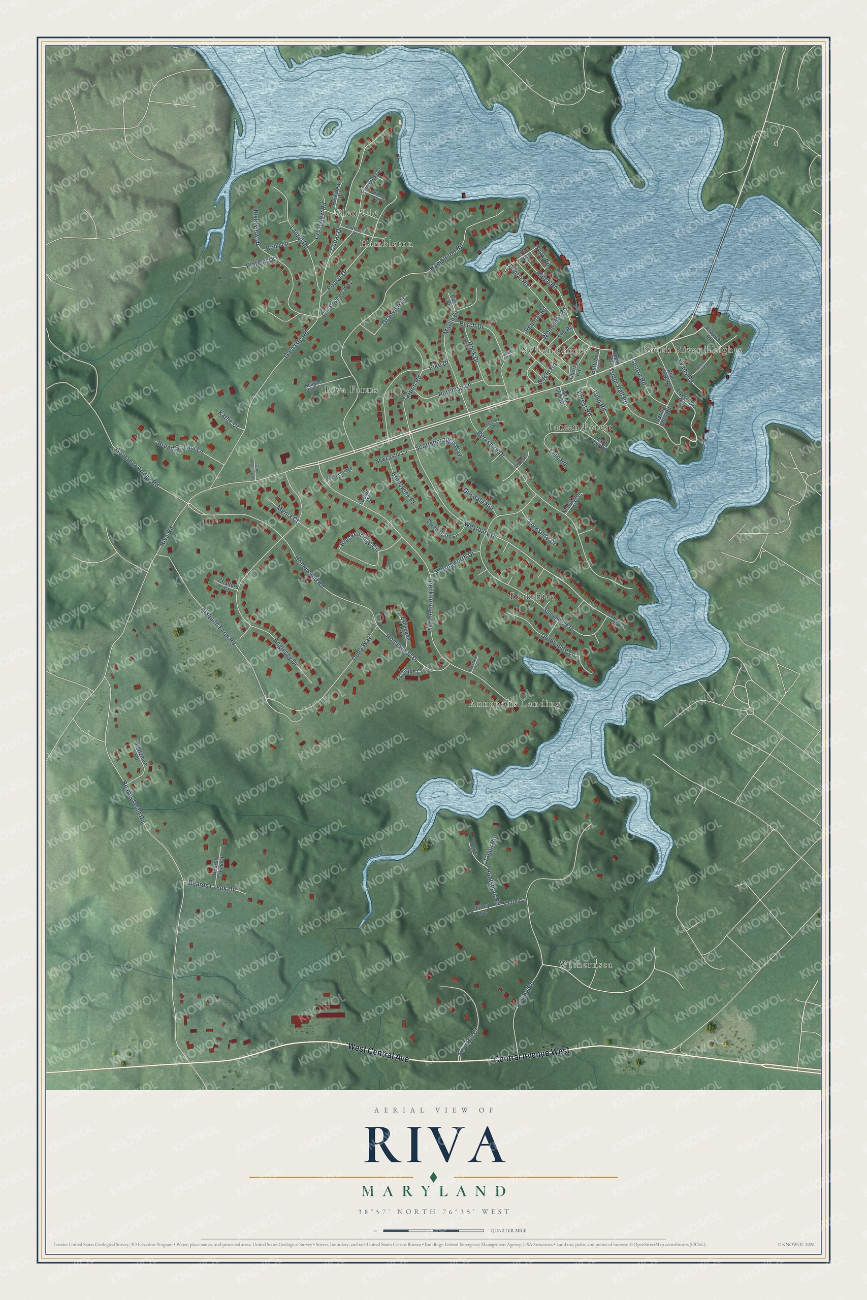 Full map of Riva, Maryland, with red buildings, printed street names and the land around them