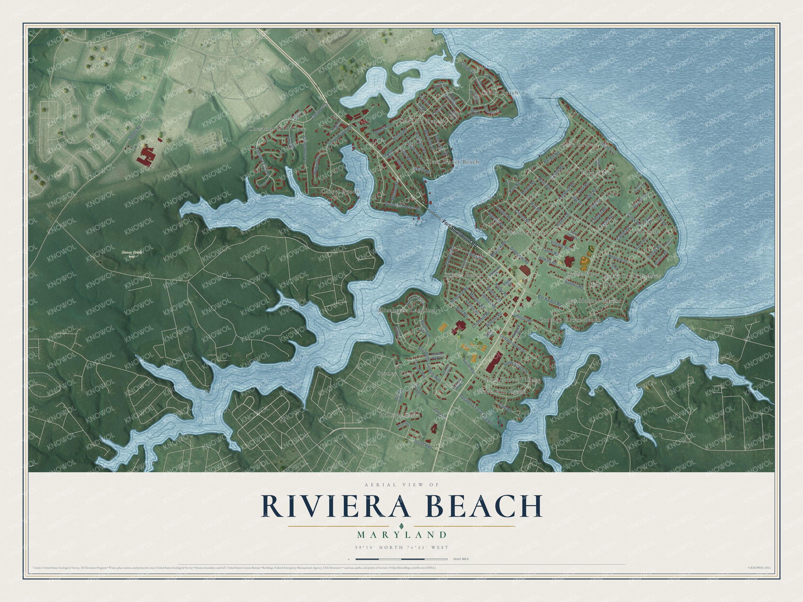 Full map of Riviera Beach, Maryland, with red buildings, printed street names and the land around them