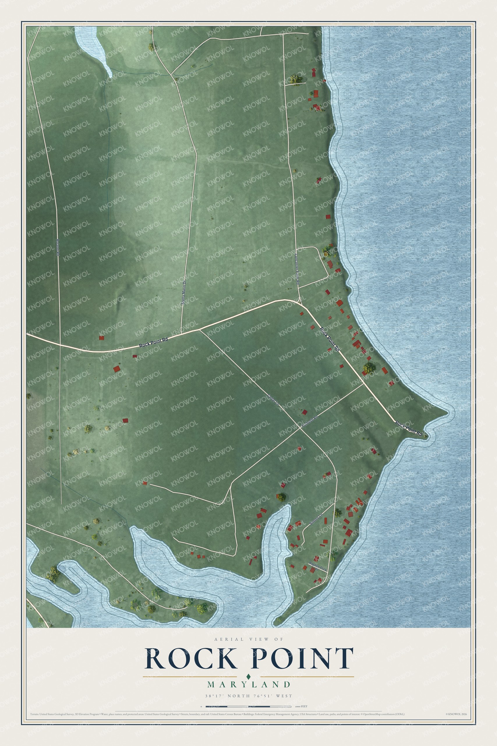 Full map of Rock Point, Maryland, with red buildings, printed street names and the land around them
