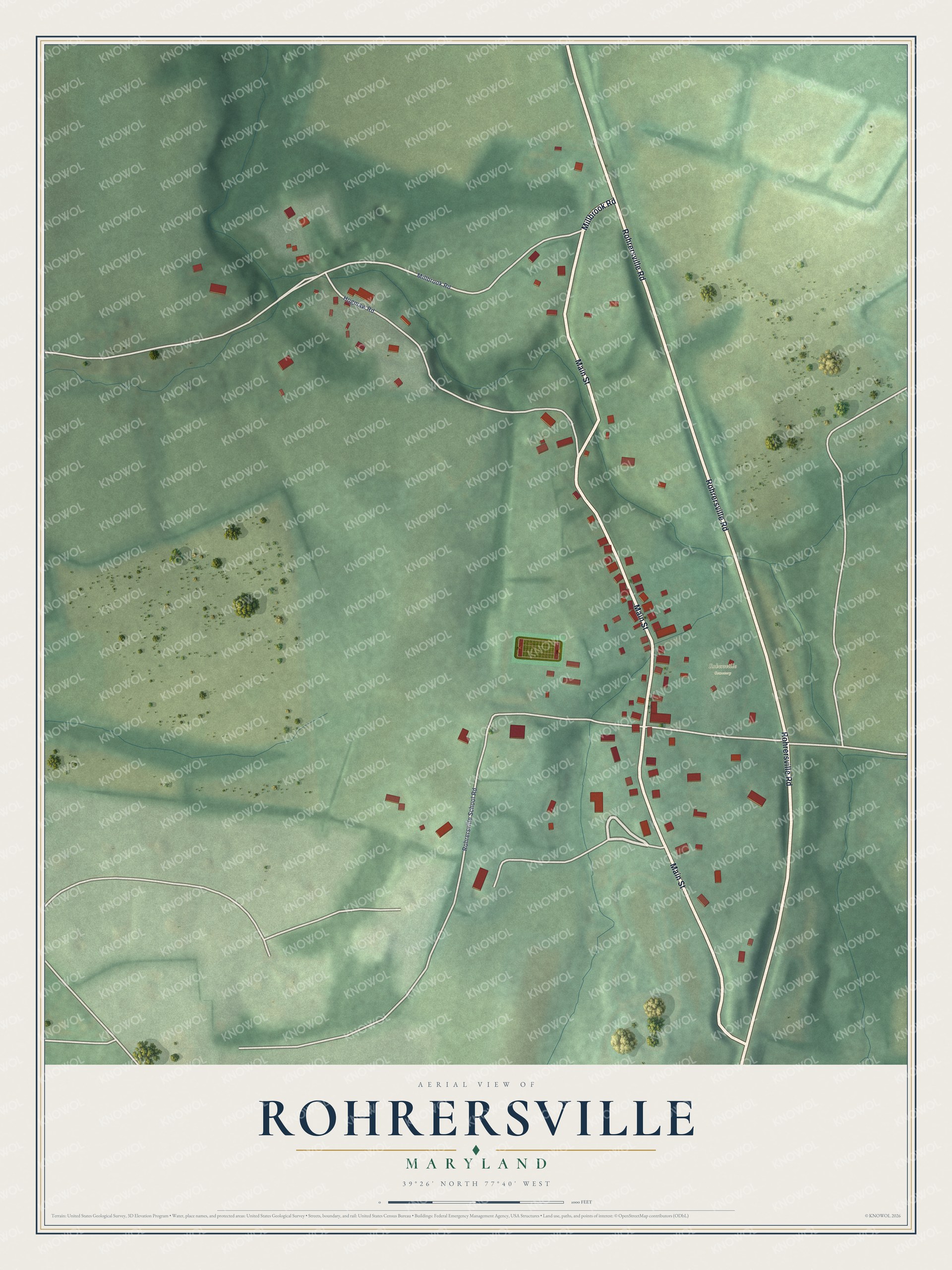 Full map of Rohrersville, Maryland, with red buildings, printed street names and the land around them