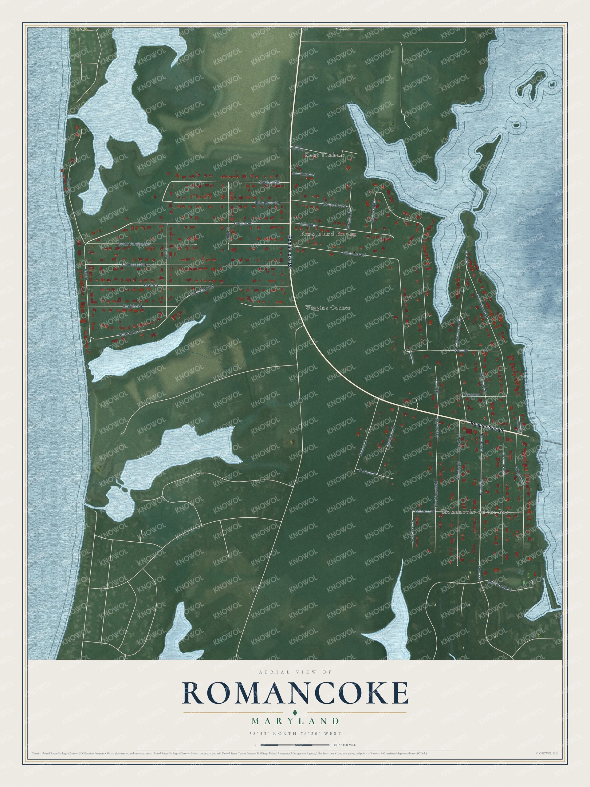 Full map of Romancoke, Maryland, with red buildings, printed street names and the land around them