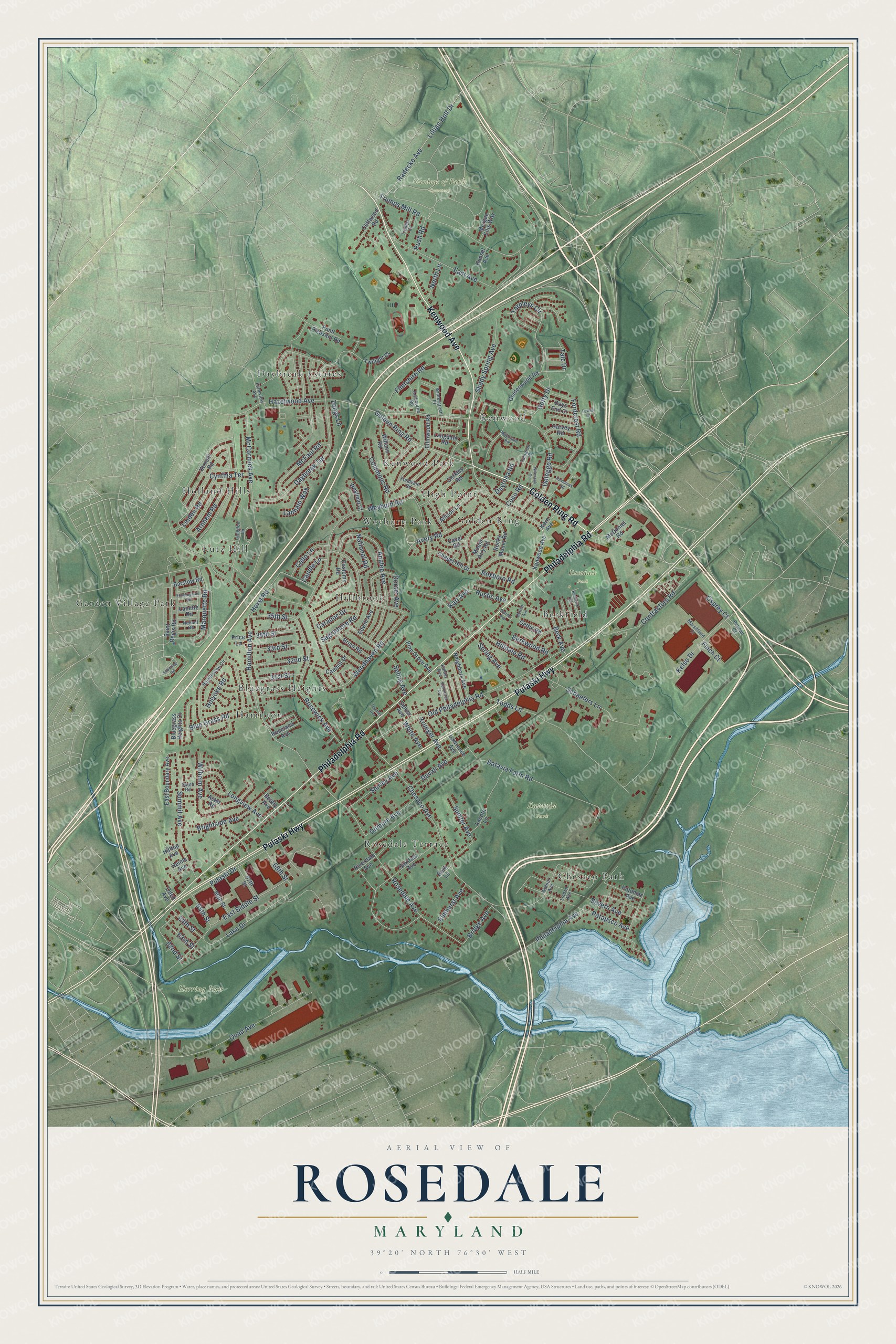 Full map of Rosedale, Maryland, with red buildings, printed street names and the land around them