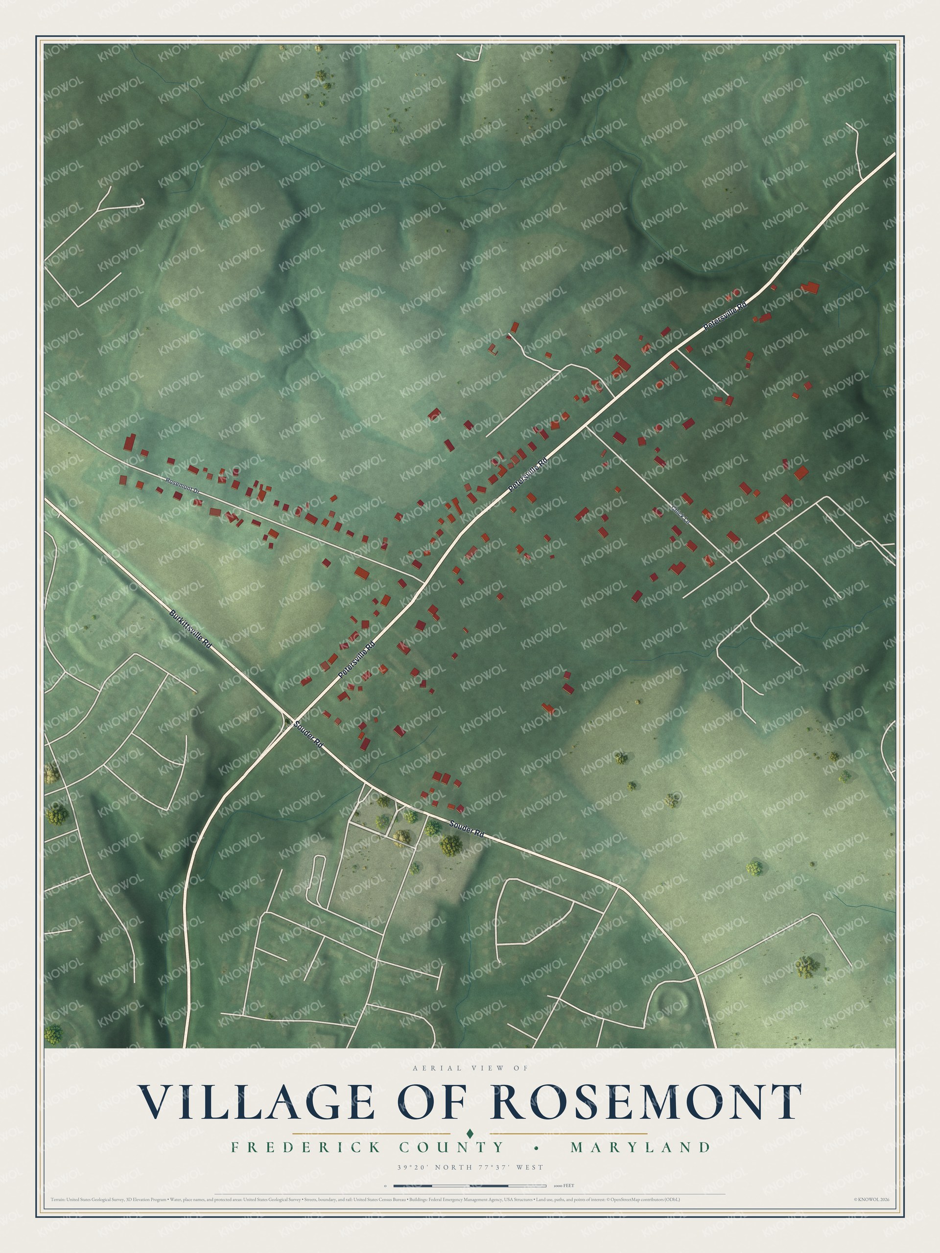 Full map of Rosemont, Maryland, with red buildings, printed street names and the land around them