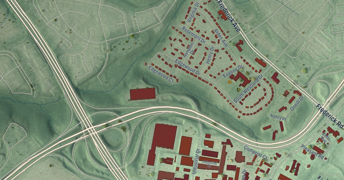 Close-up of streets and buildings in Rosemont, Montgomery County, Maryland
