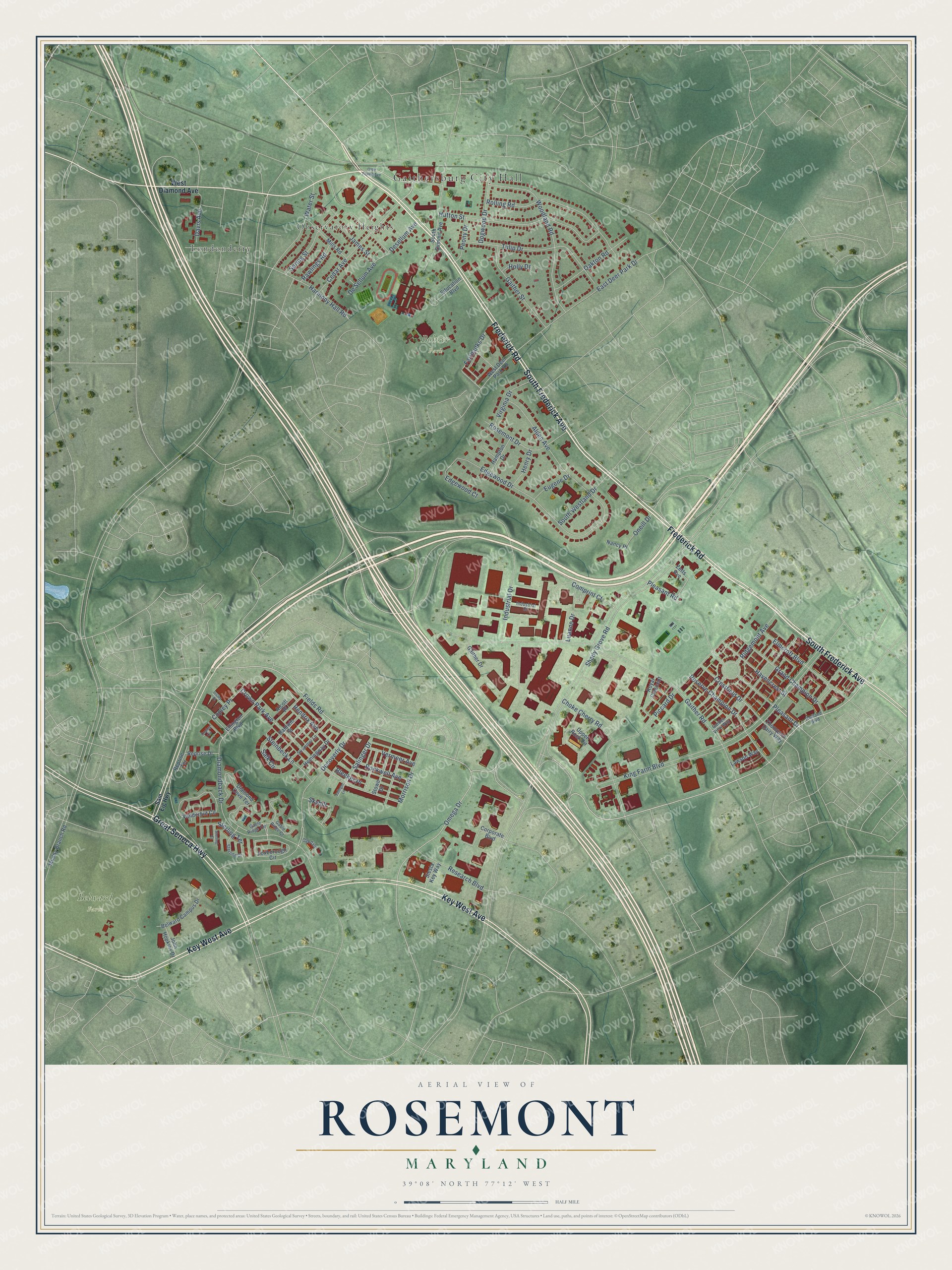 Full map of Rosemont, Maryland, with red buildings, printed street names and the land around them