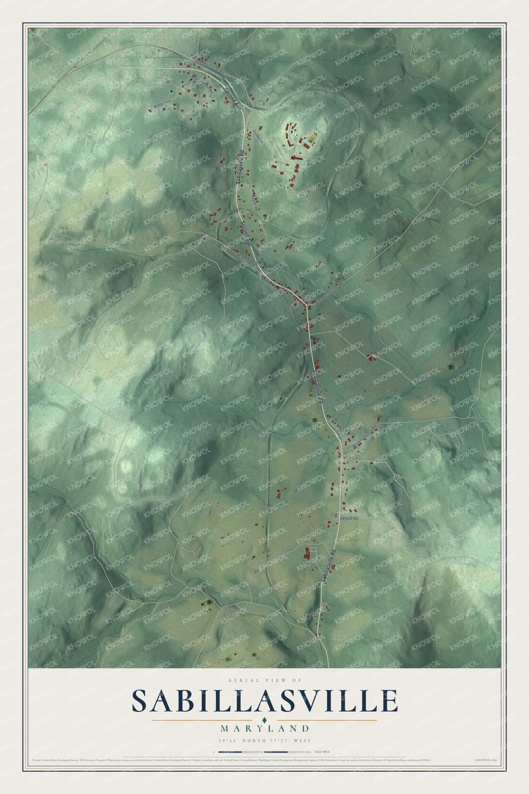 Full map of Sabillasville, Maryland, with red buildings, printed street names and the land around them