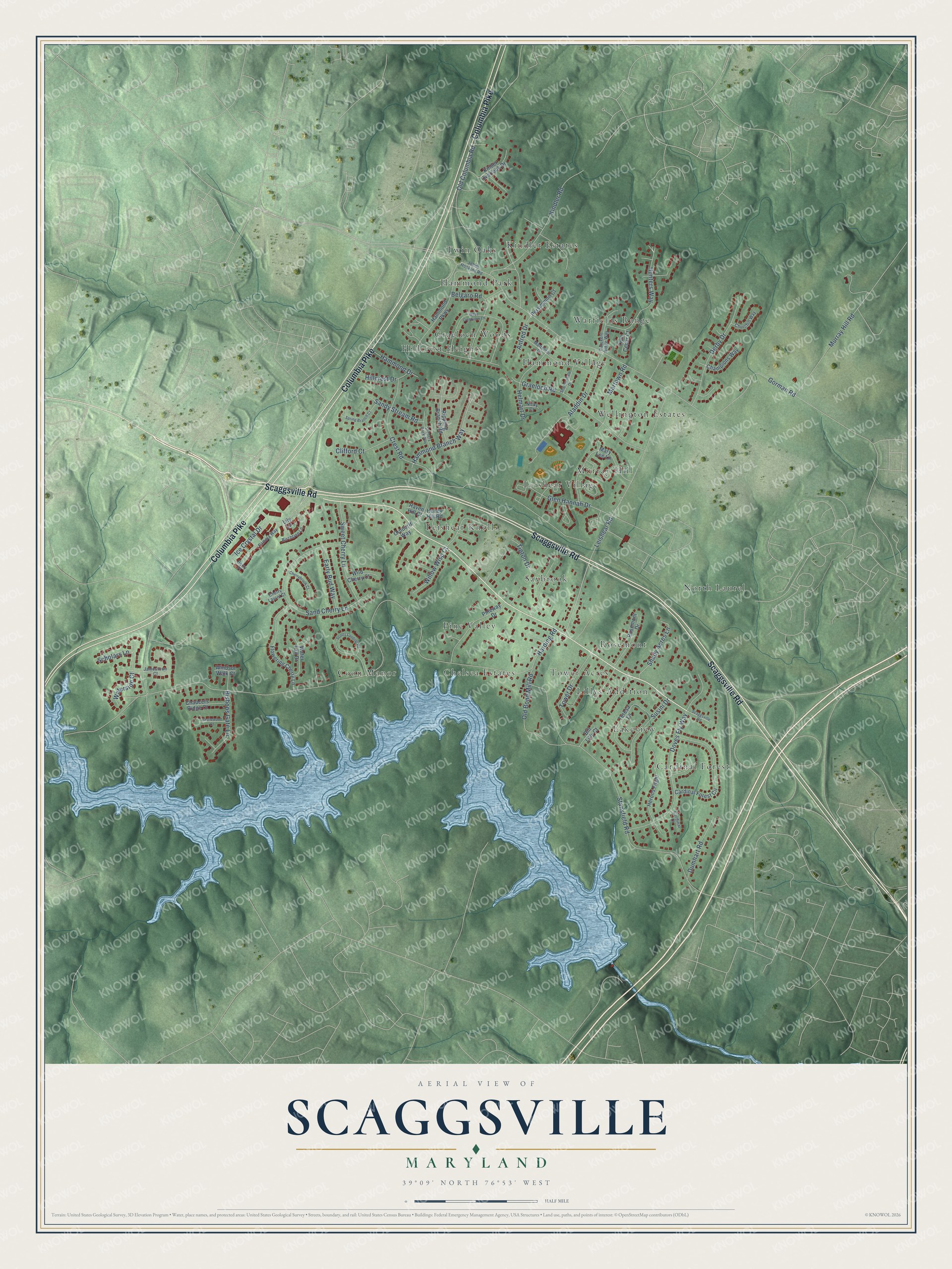 Full map of Scaggsville, Maryland, with red buildings, printed street names and the land around them