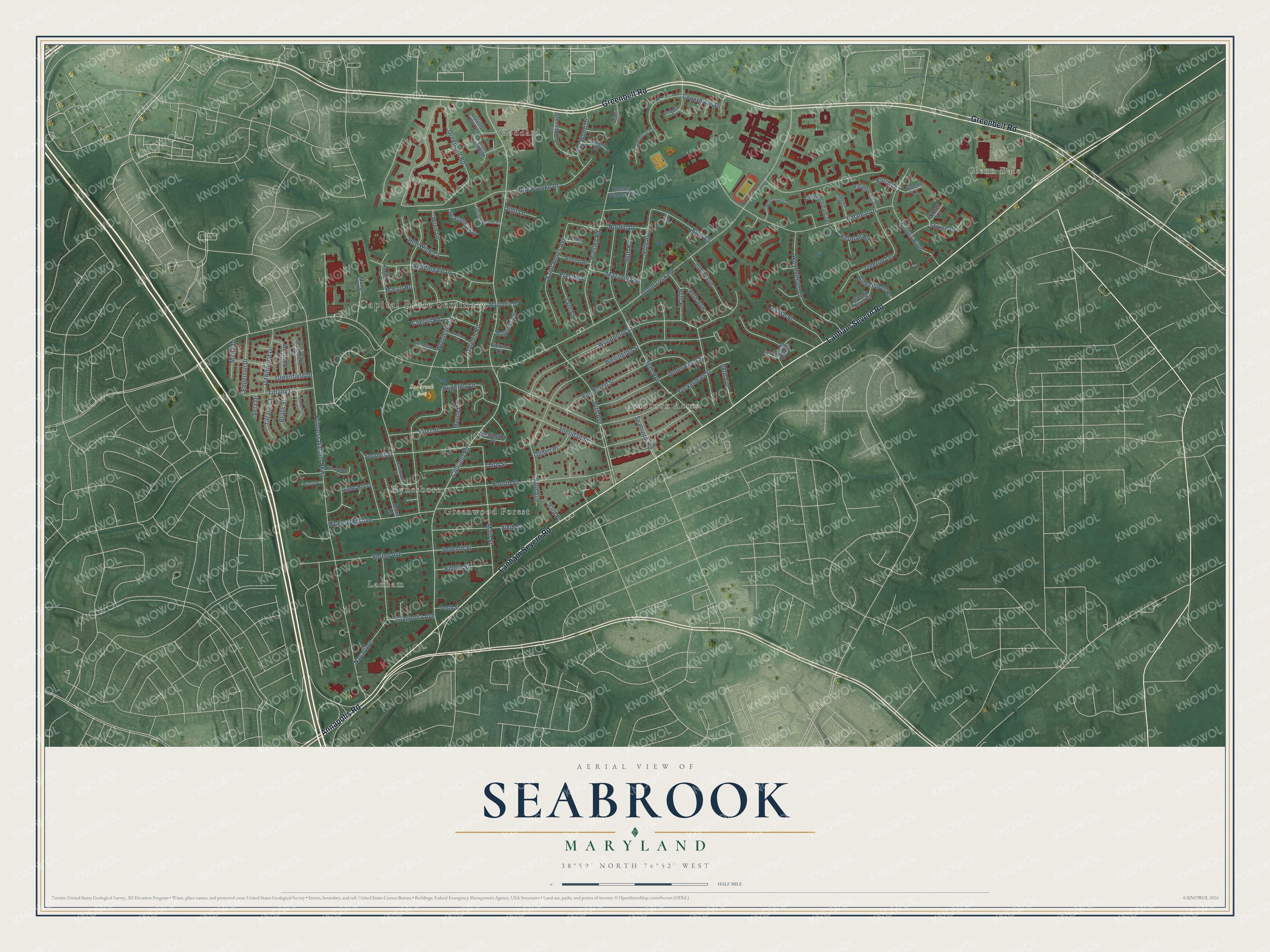 Full map of Seabrook, Maryland, with red buildings, printed street names and the land around them