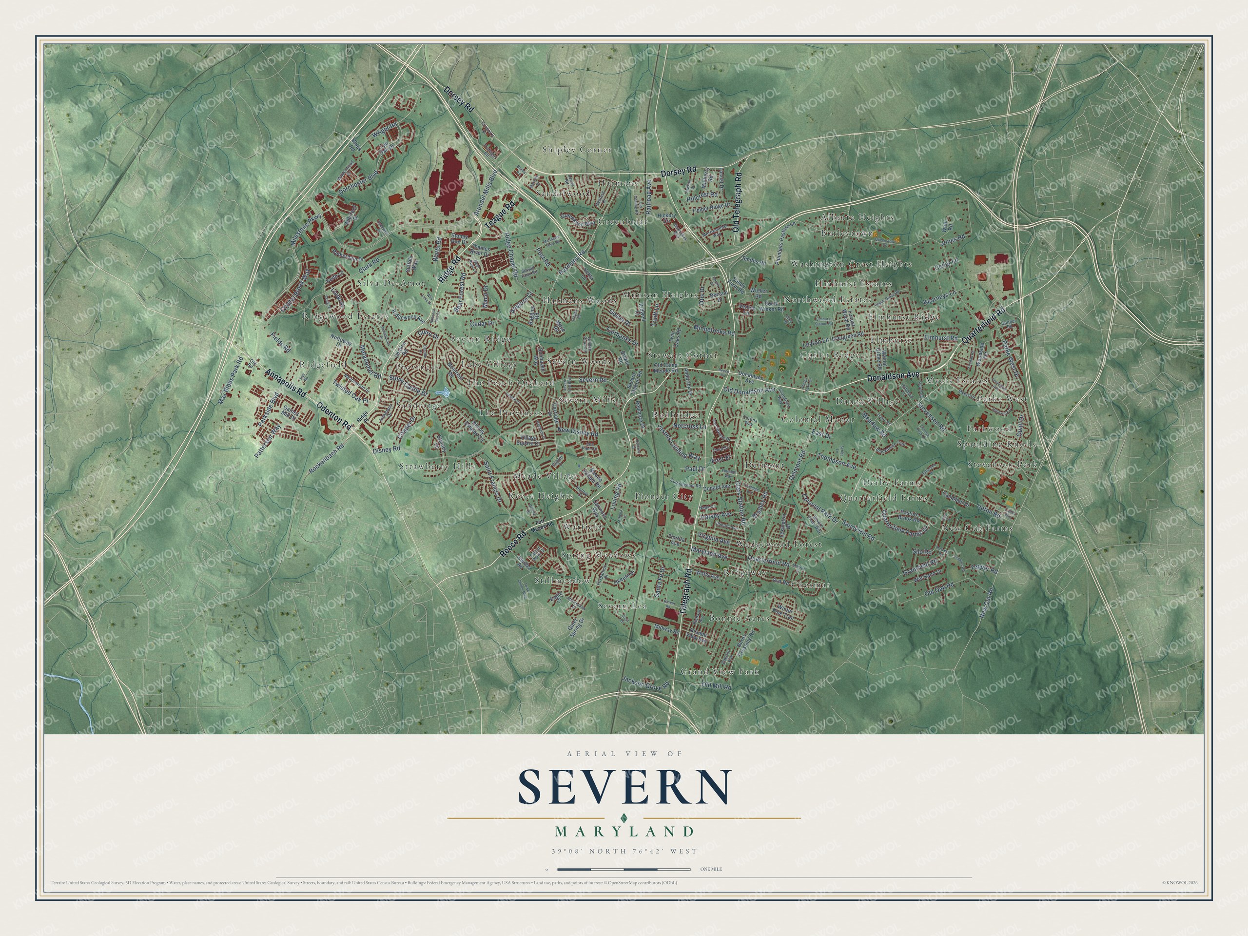 Full map of Severn, Maryland, with red buildings, printed street names and the land around them