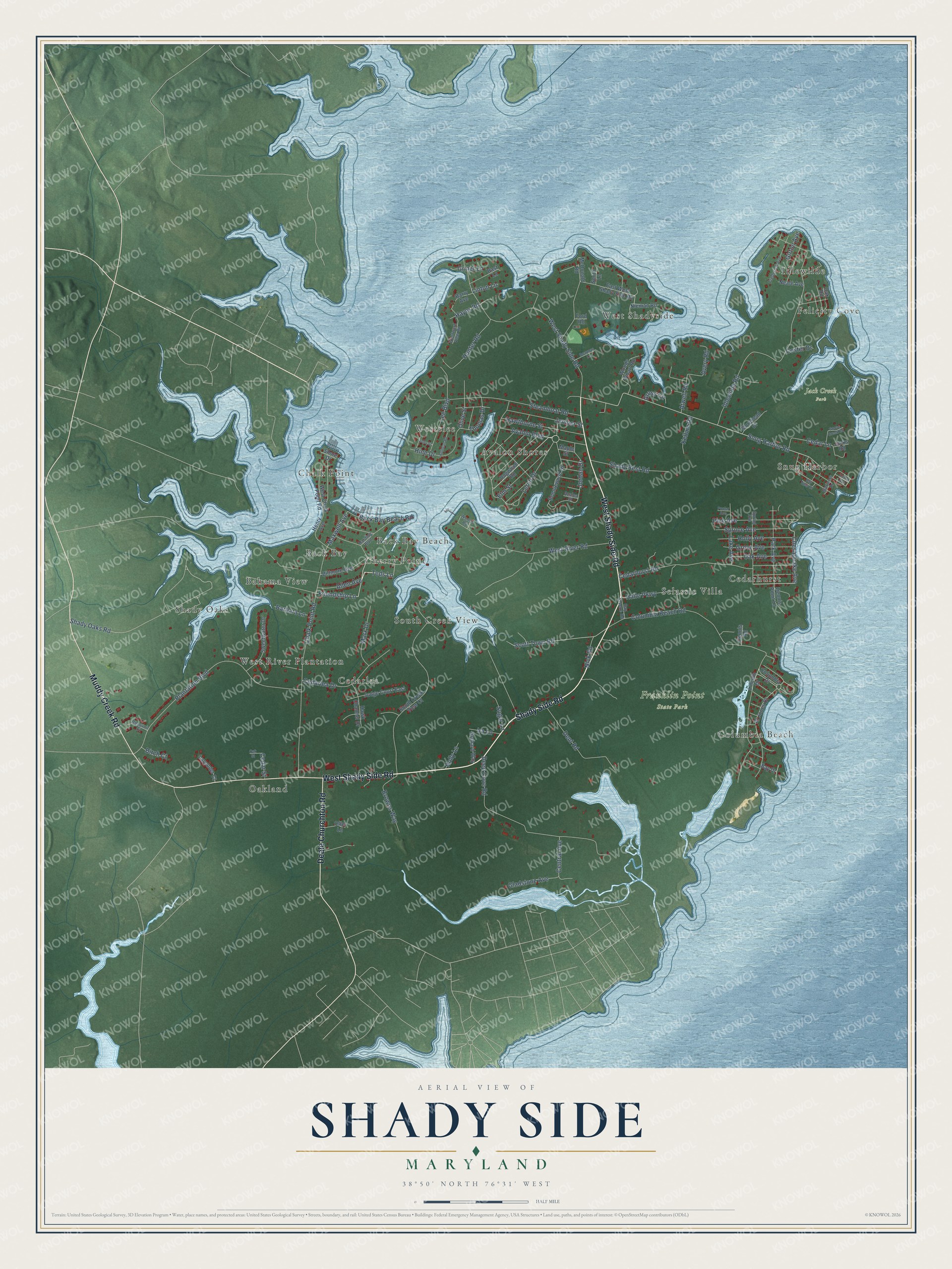 Full map of Shady Side, Maryland, with red buildings, printed street names and the land around them