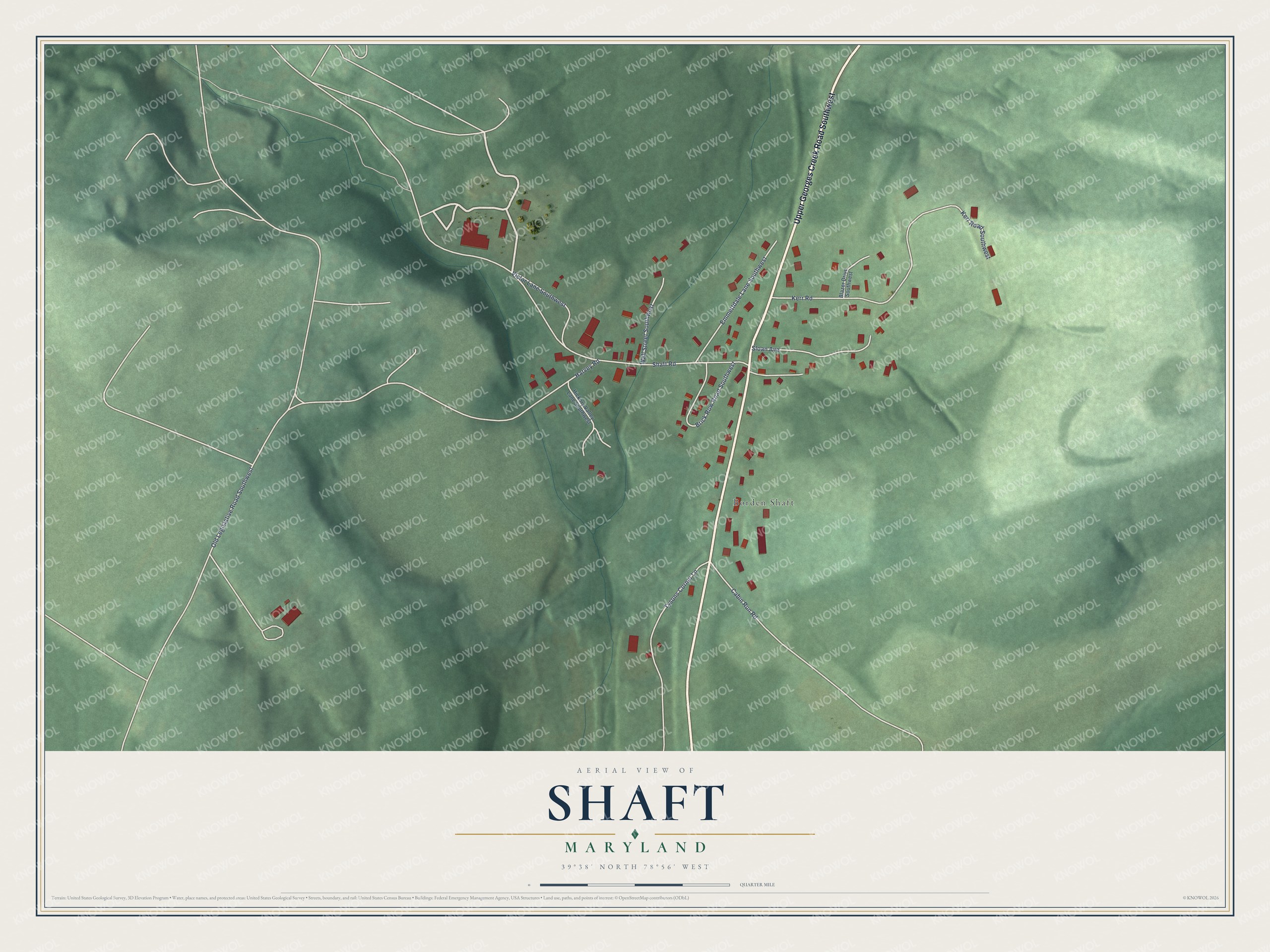 Full map of Shaft, Maryland, with red buildings, printed street names and the land around them