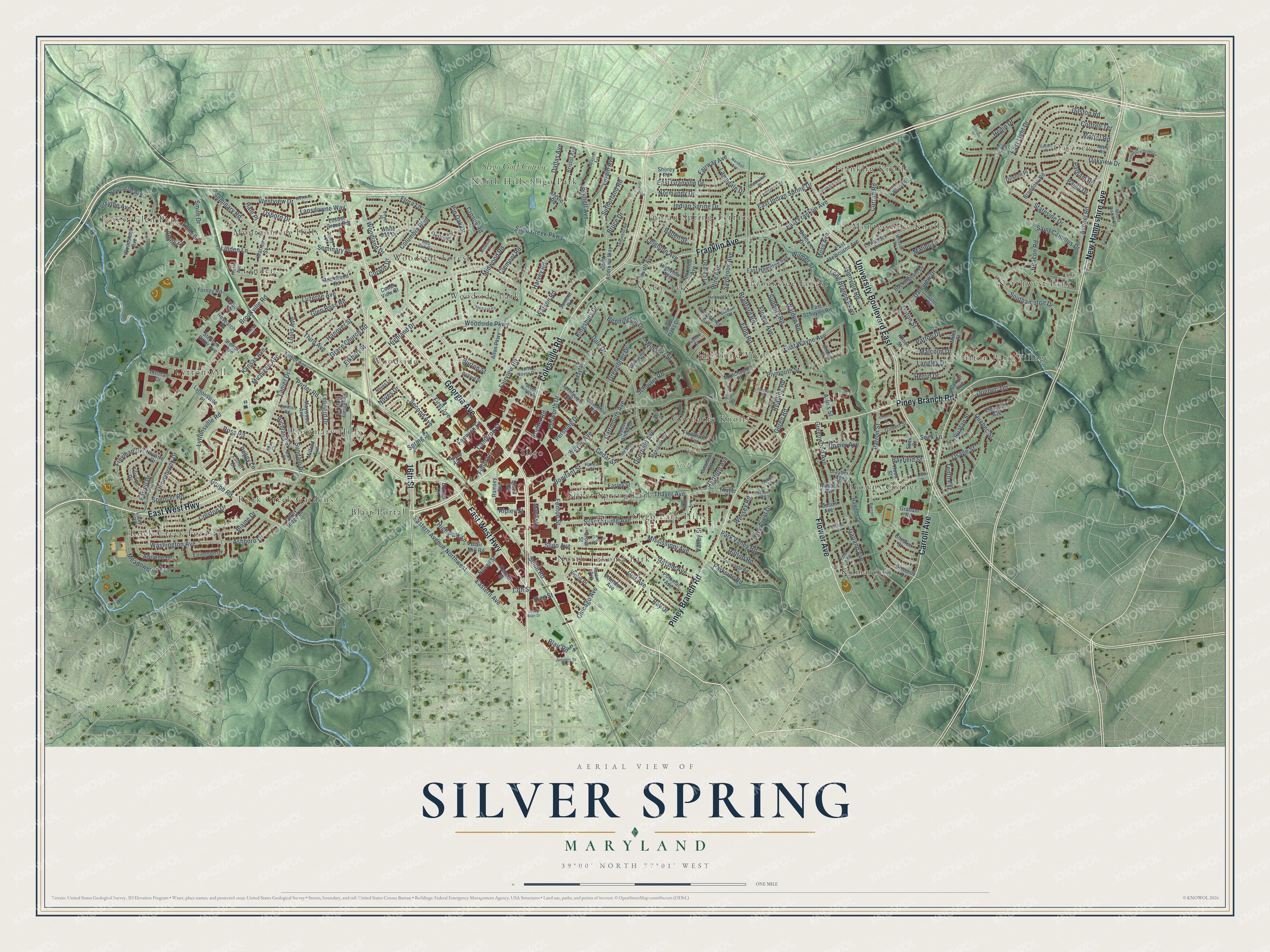 Full map of Silver Spring, Maryland, with red buildings, printed street names and the land around them