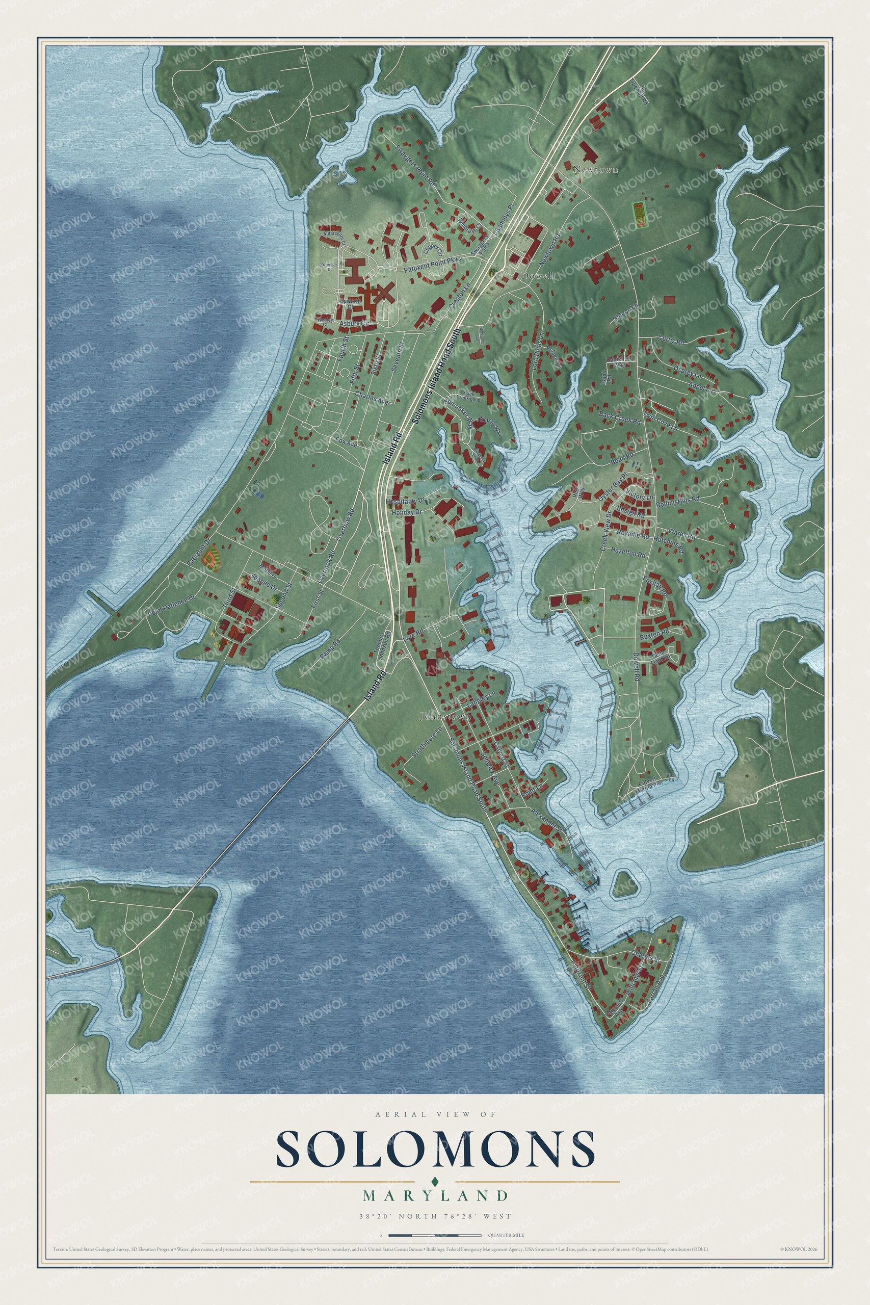 Full map of Solomons, Maryland, with red buildings, printed street names and the land around them