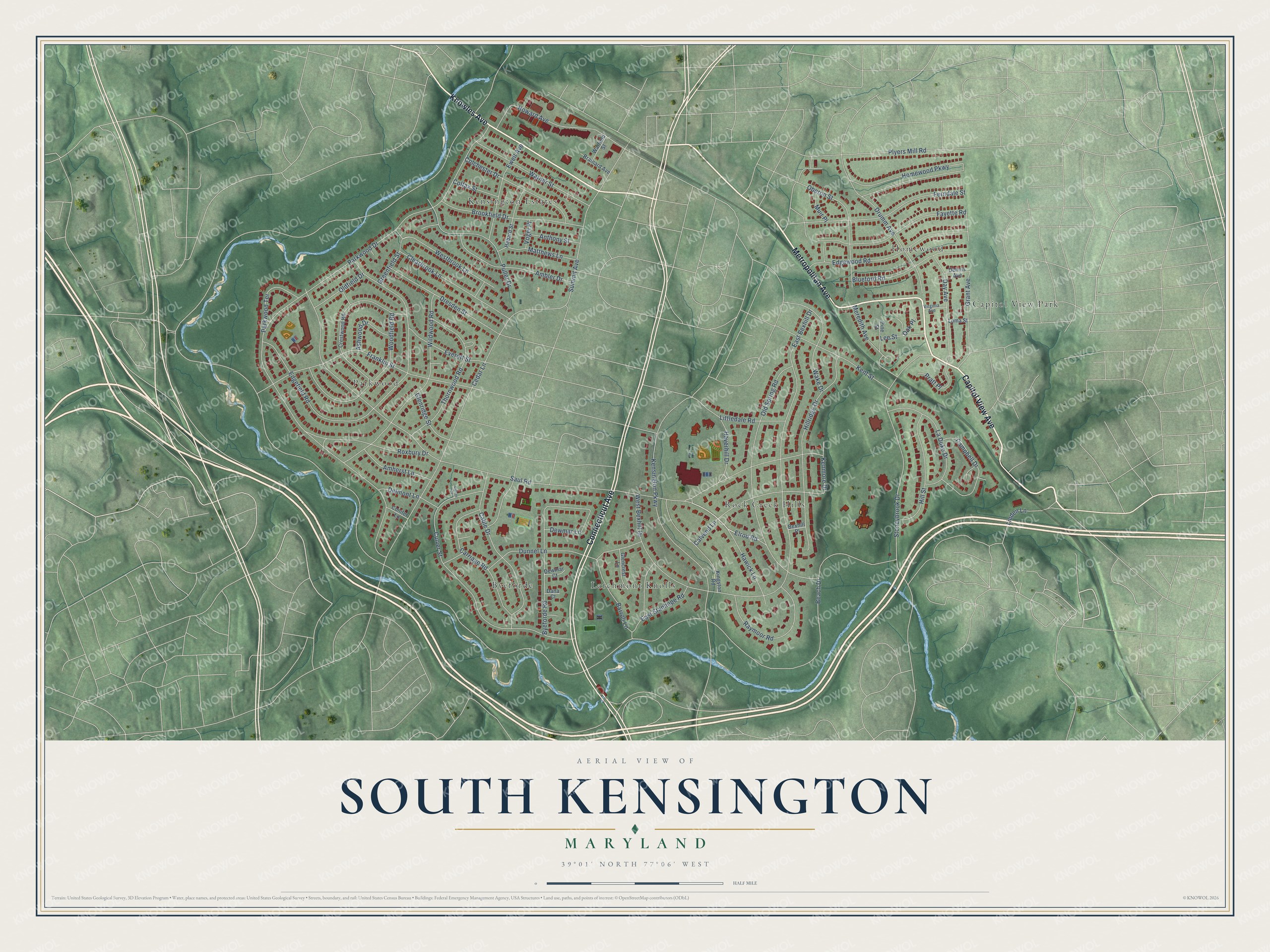 Full map of South Kensington, Maryland, with red buildings, printed street names and the land around them