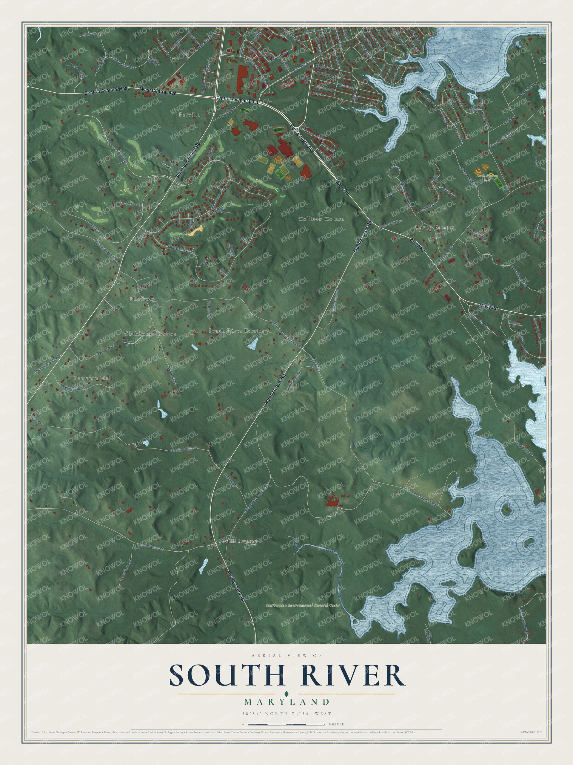 Full map of South River, Maryland, with red buildings, printed street names and the land around them