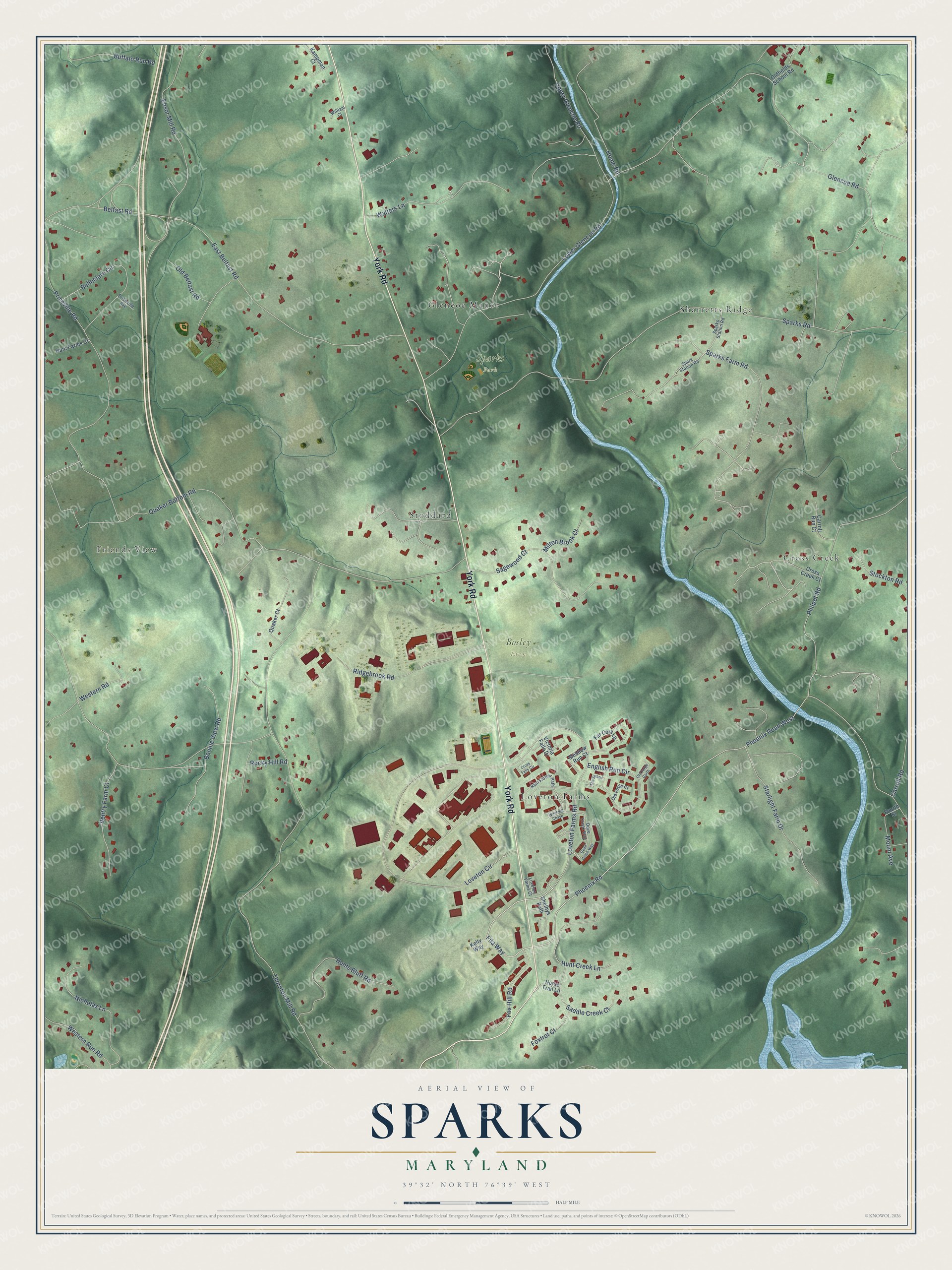 Full map of Sparks, Maryland, with red buildings, printed street names and the land around them