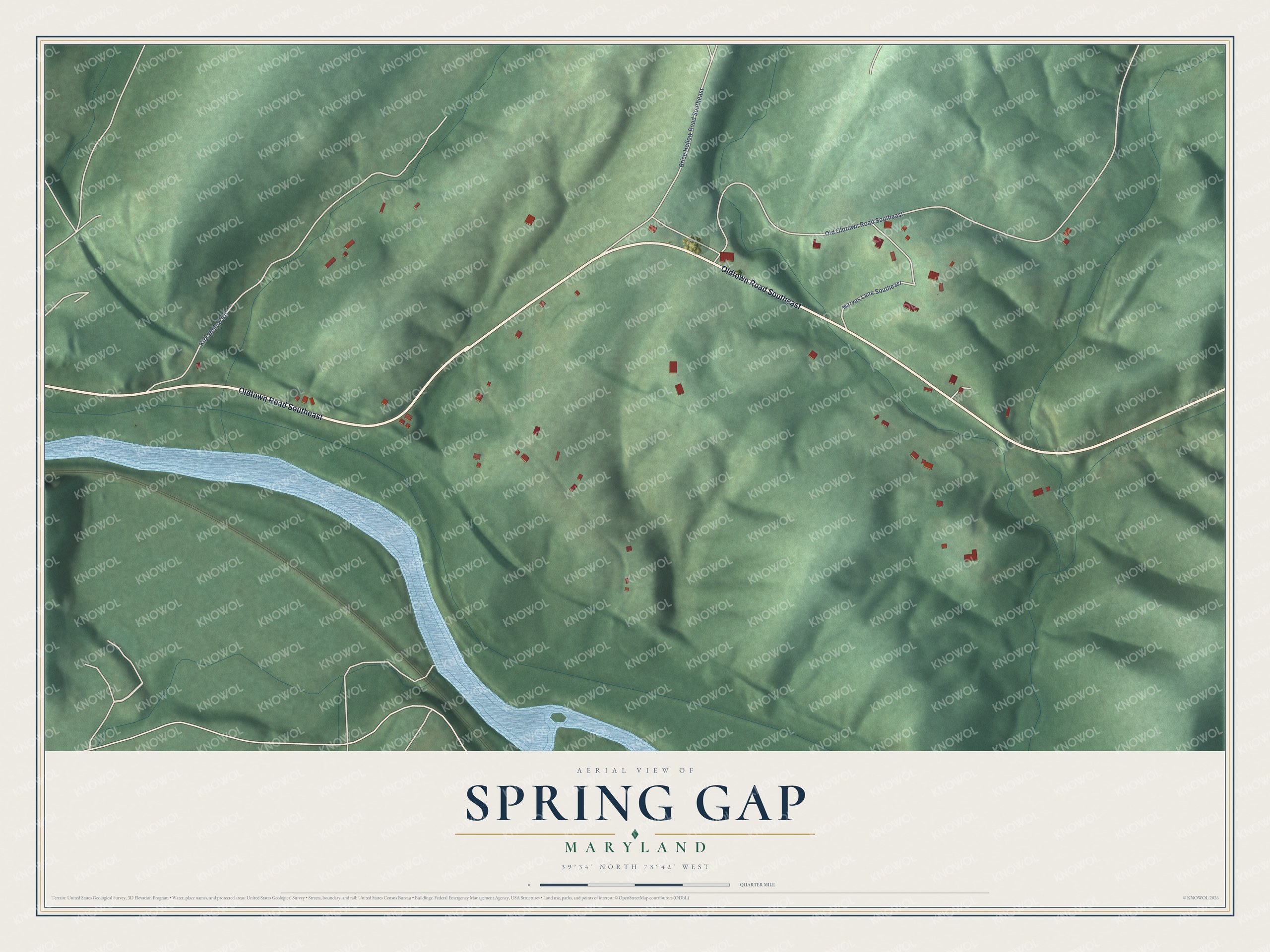 Full map of Spring Gap, Maryland, with red buildings, printed street names and the land around them