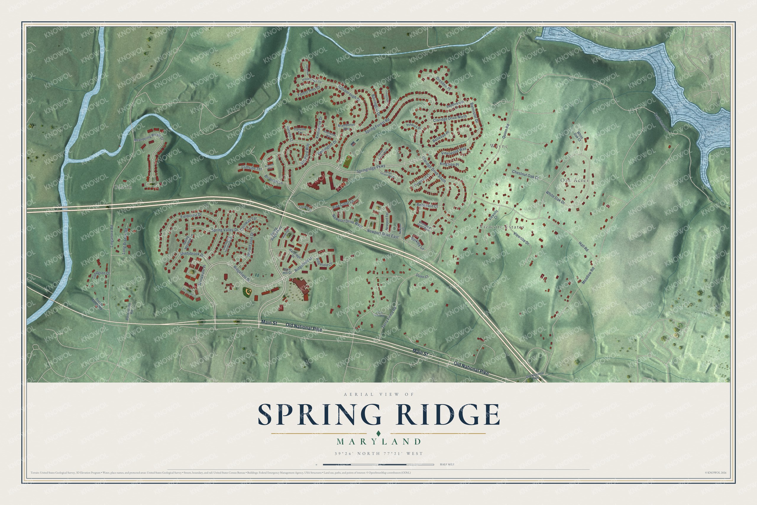 Full map of Spring Ridge, Maryland, with red buildings, printed street names and the land around them