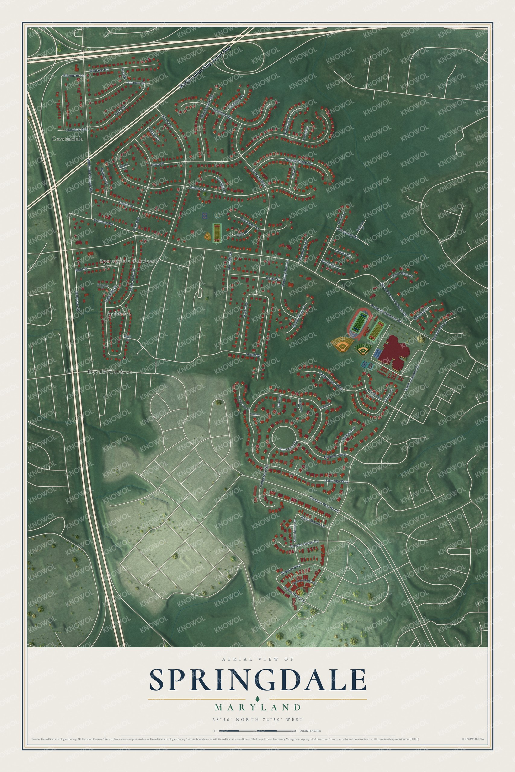 Full map of Springdale, Maryland, with red buildings, printed street names and the land around them