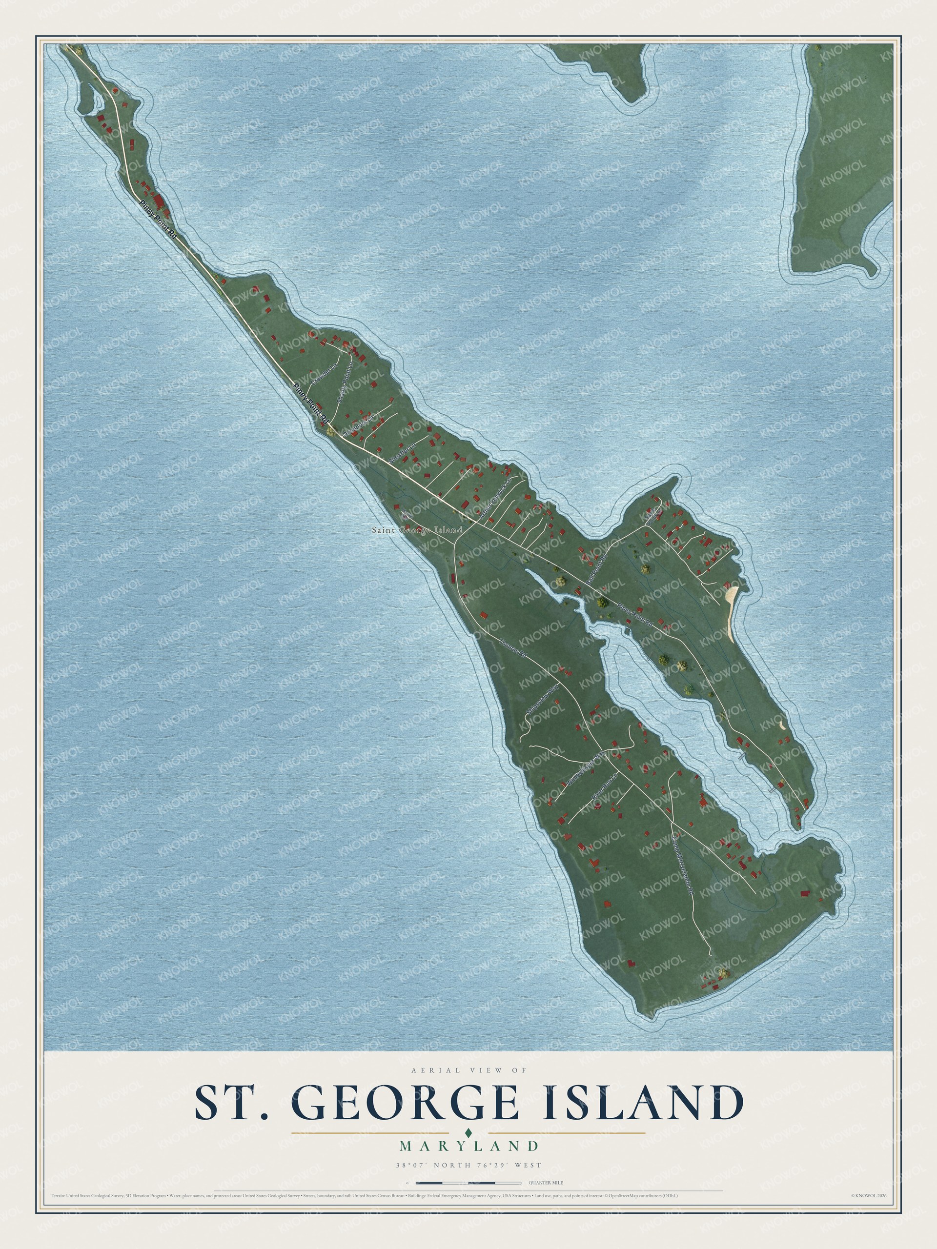 Full map of St. George Island, Maryland, with red buildings, printed street names and the land around them