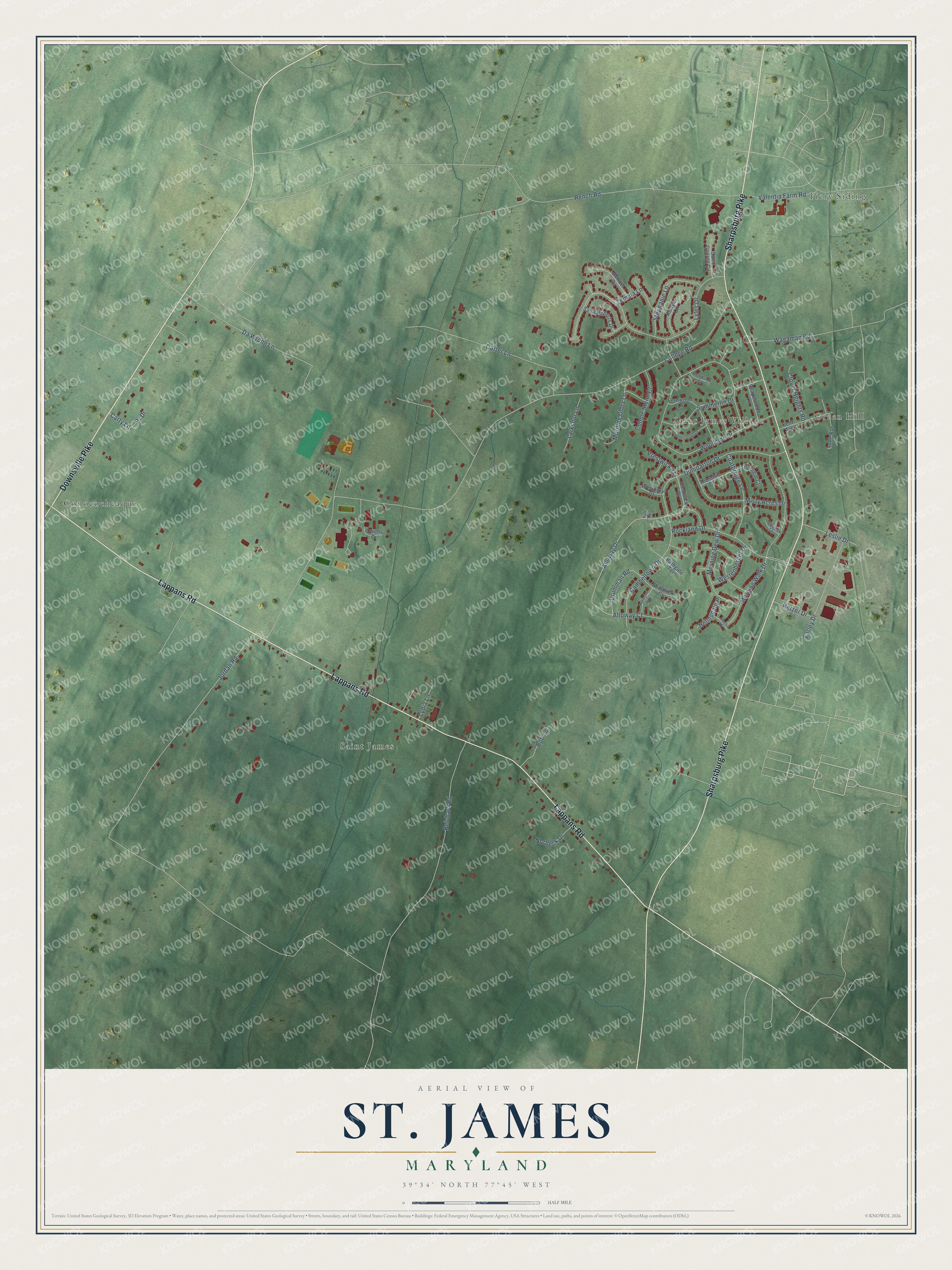 Full map of St. James, Maryland, with red buildings, printed street names and the land around them