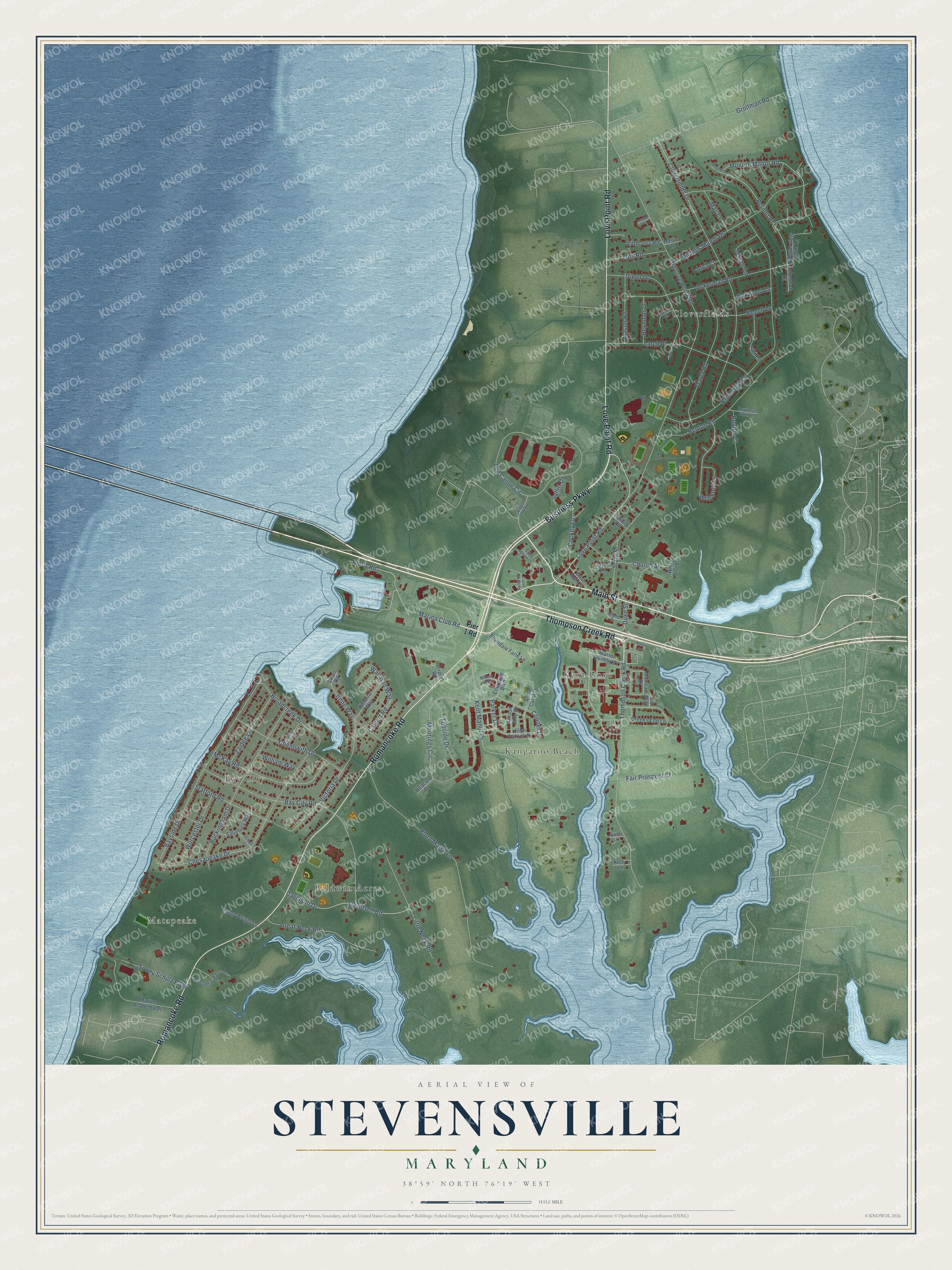 Full map of Stevensville, Maryland, with red buildings, printed street names and the land around them