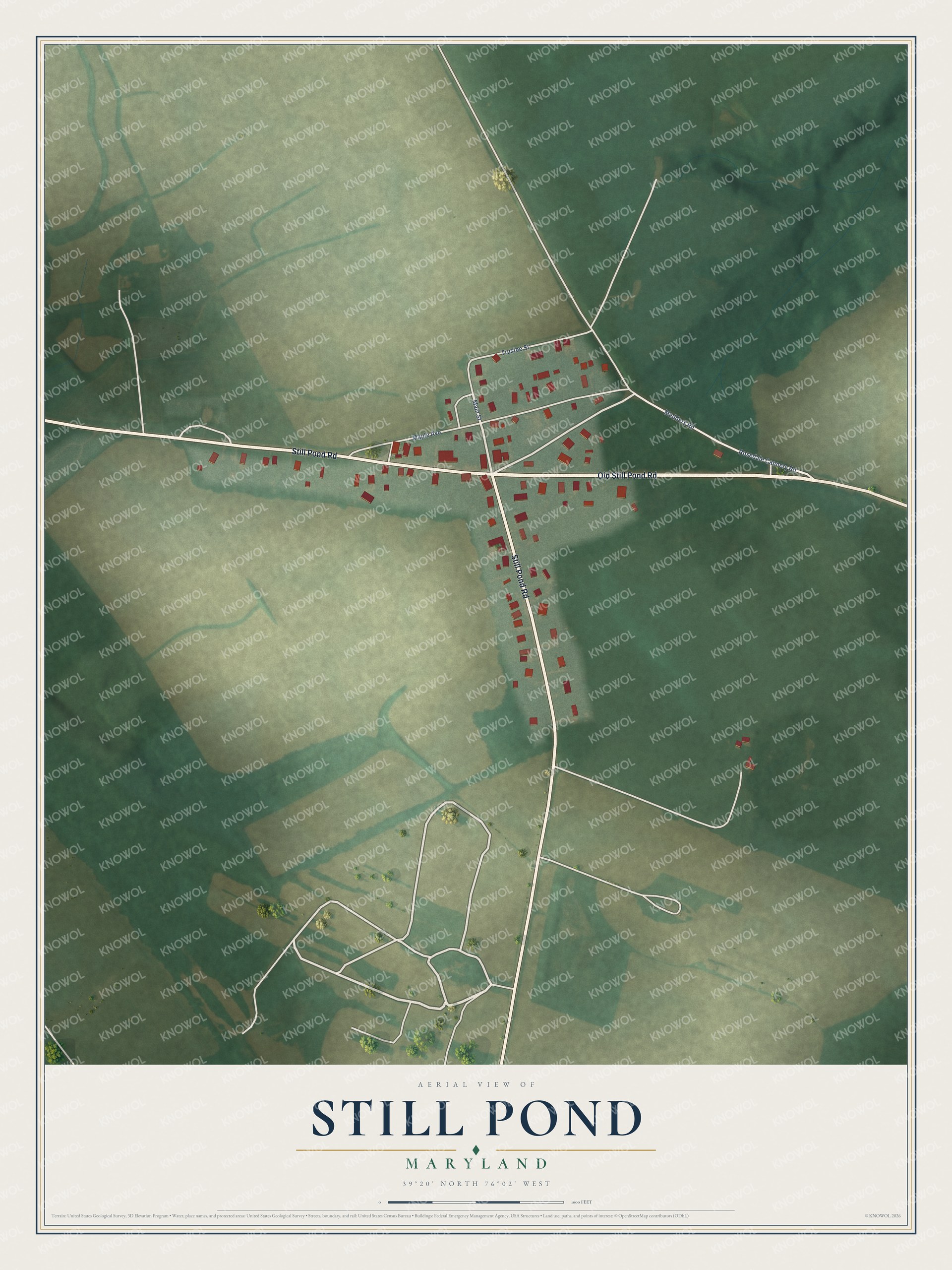 Full map of Still Pond, Maryland, with red buildings, printed street names and the land around them