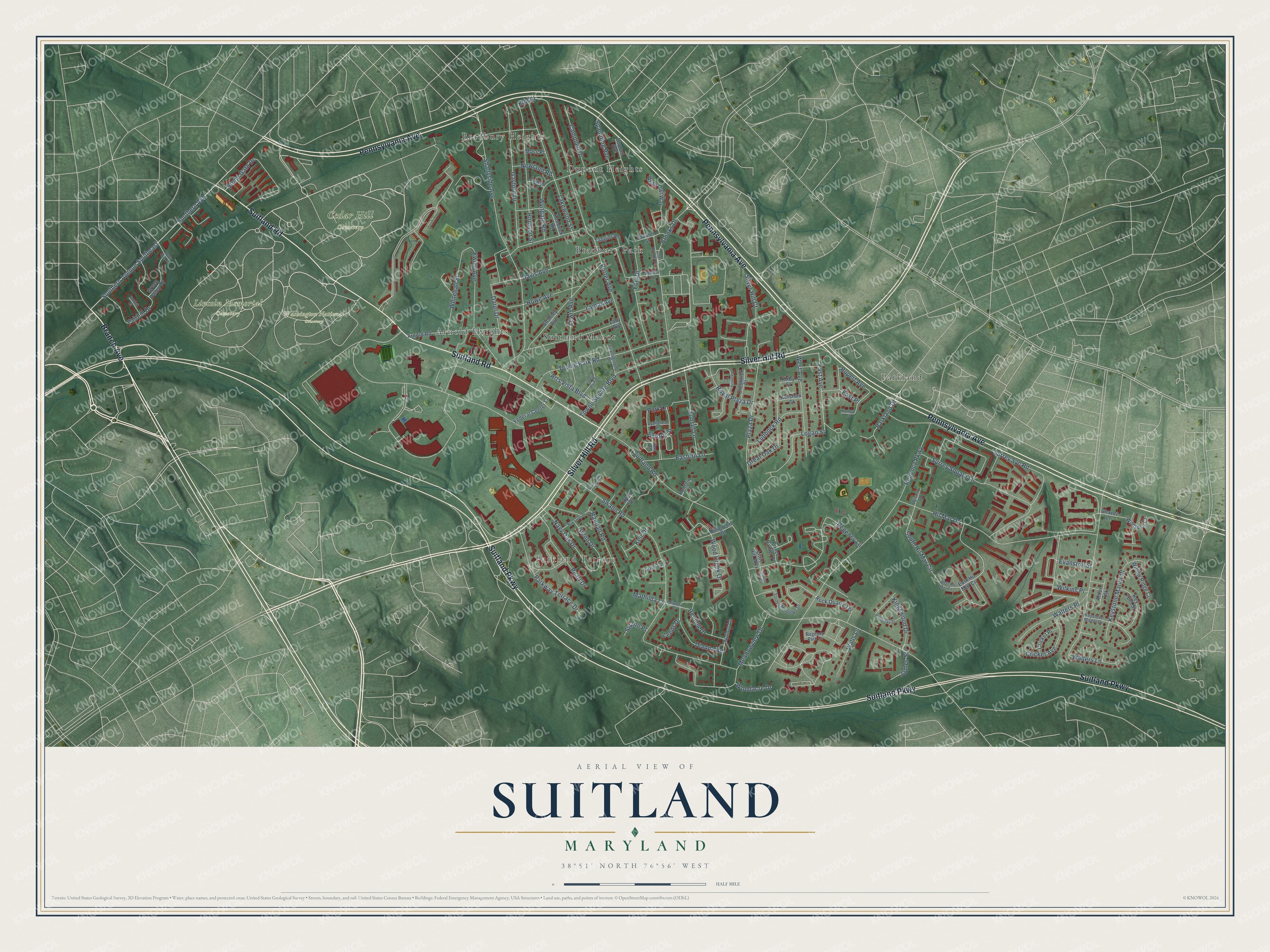 Full map of Suitland, Maryland, with red buildings, printed street names and the land around them