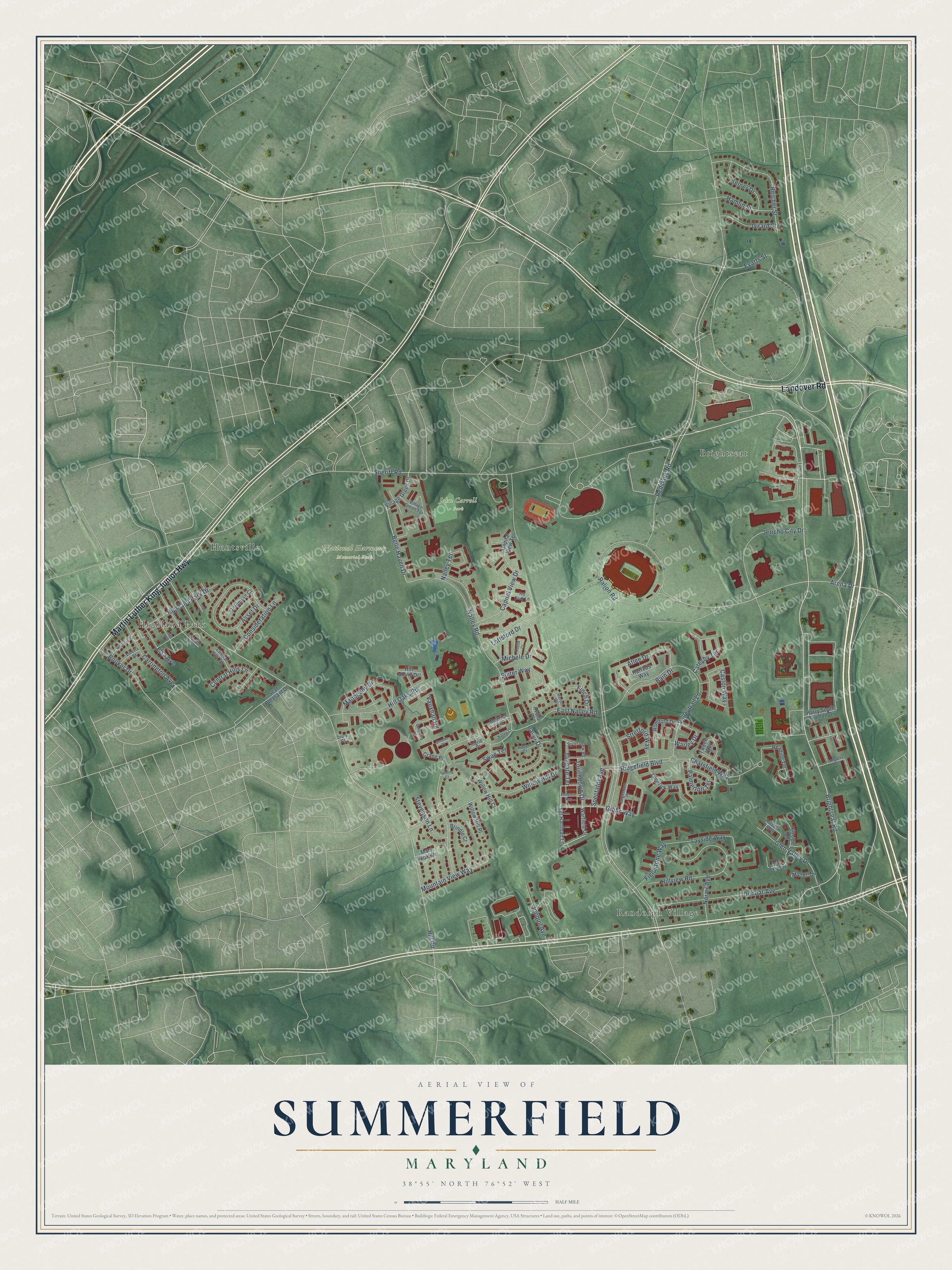 Full map of Summerfield, Maryland, with red buildings, printed street names and the land around them