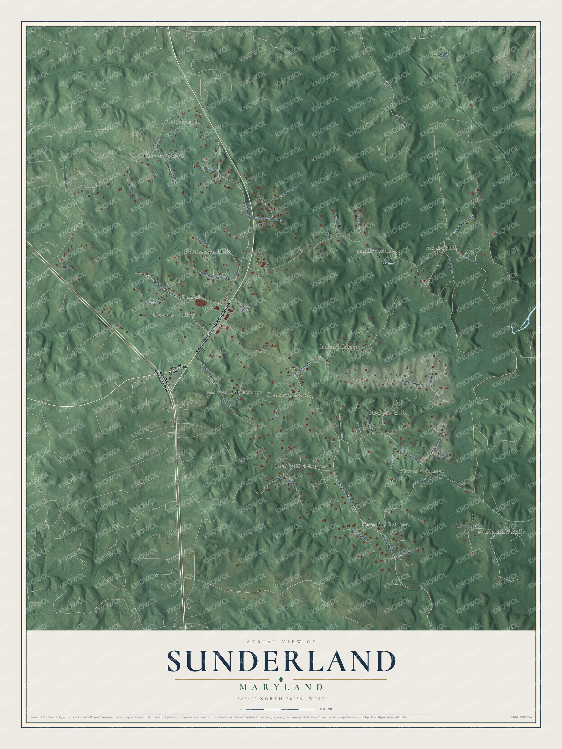Full map of Sunderland, Maryland, with red buildings, printed street names and the land around them