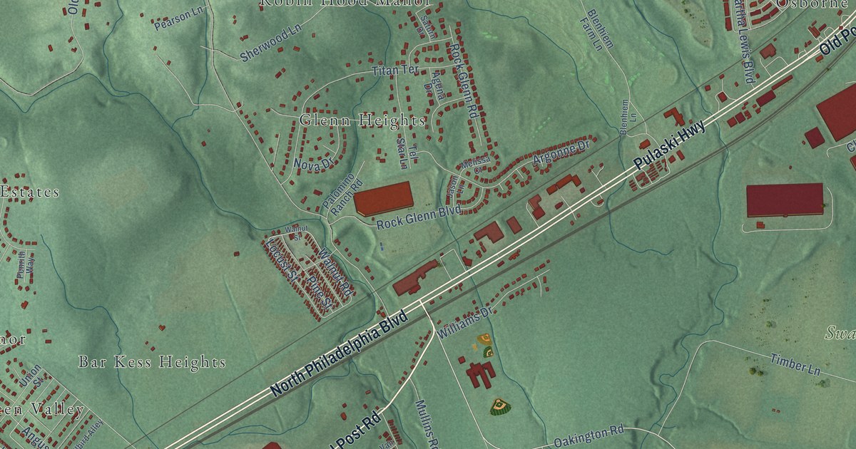 Close-up of streets and buildings in Swan Creek, Maryland