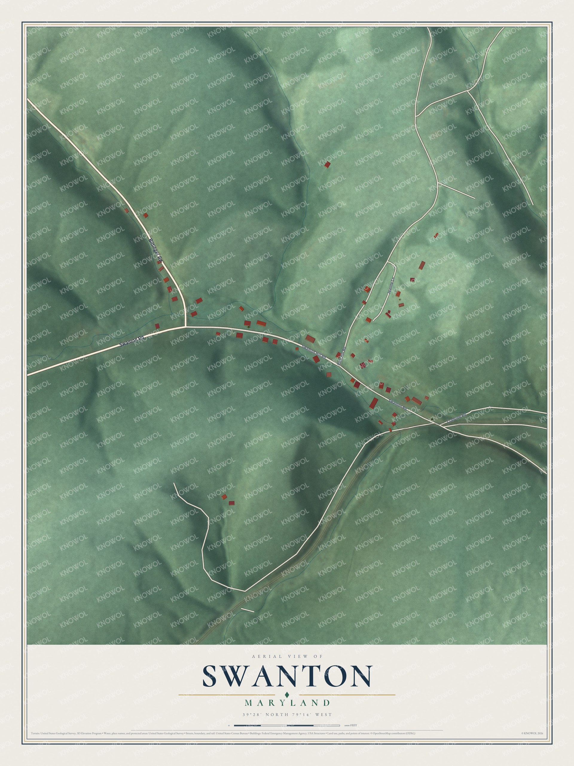 Full map of Swanton, Maryland, with red buildings, printed street names and the land around them