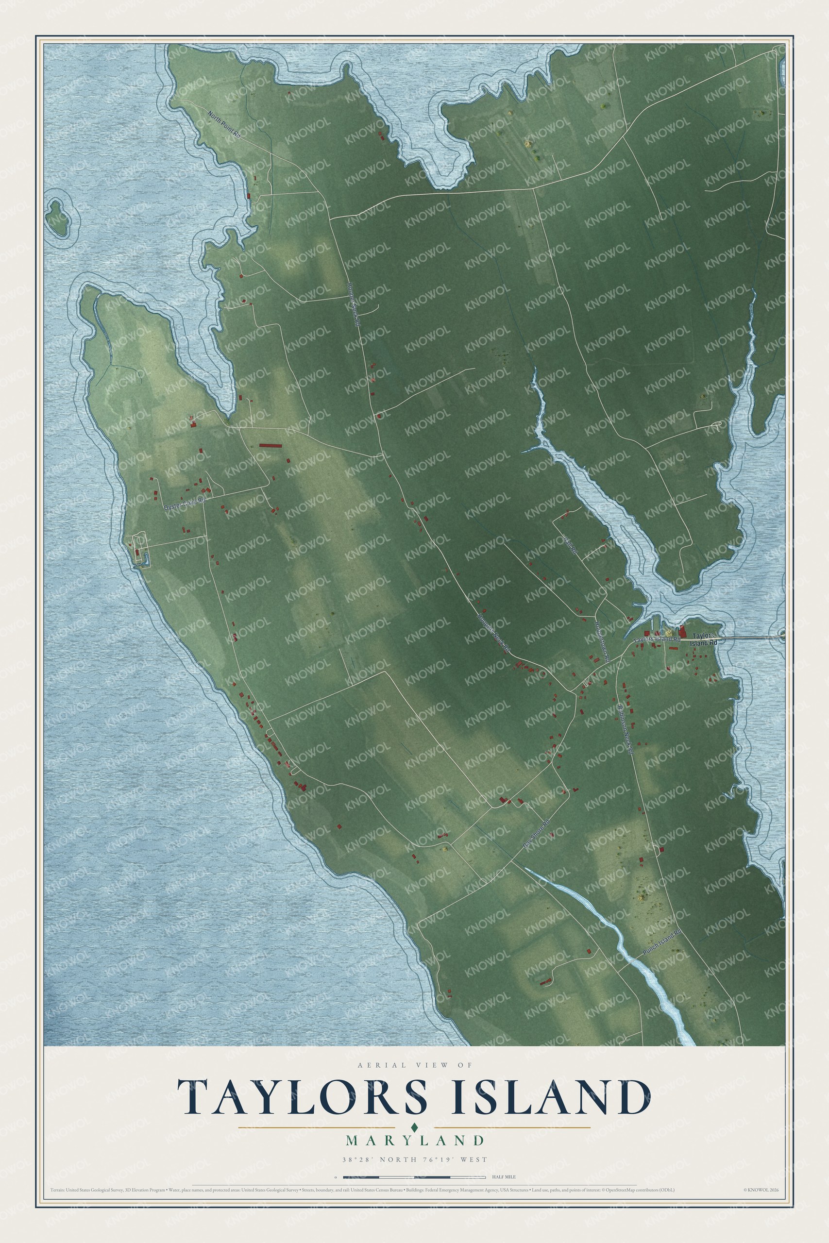 Full map of Taylors Island, Maryland, with red buildings, printed street names and the land around them