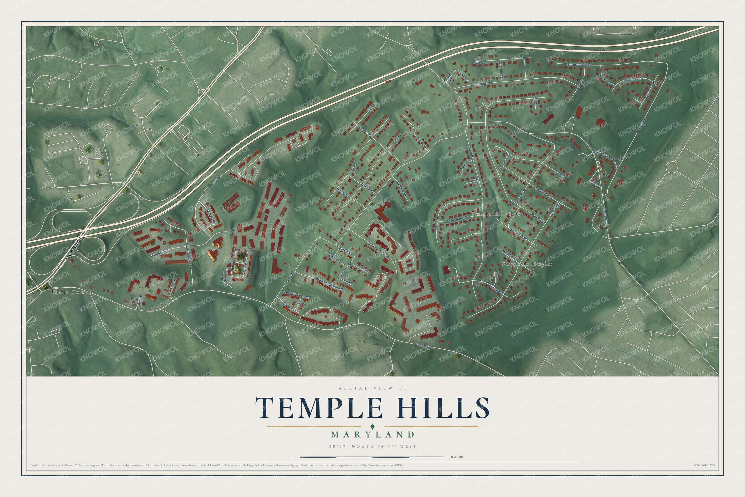 Full map of Temple Hills, Maryland, with red buildings, printed street names and the land around them