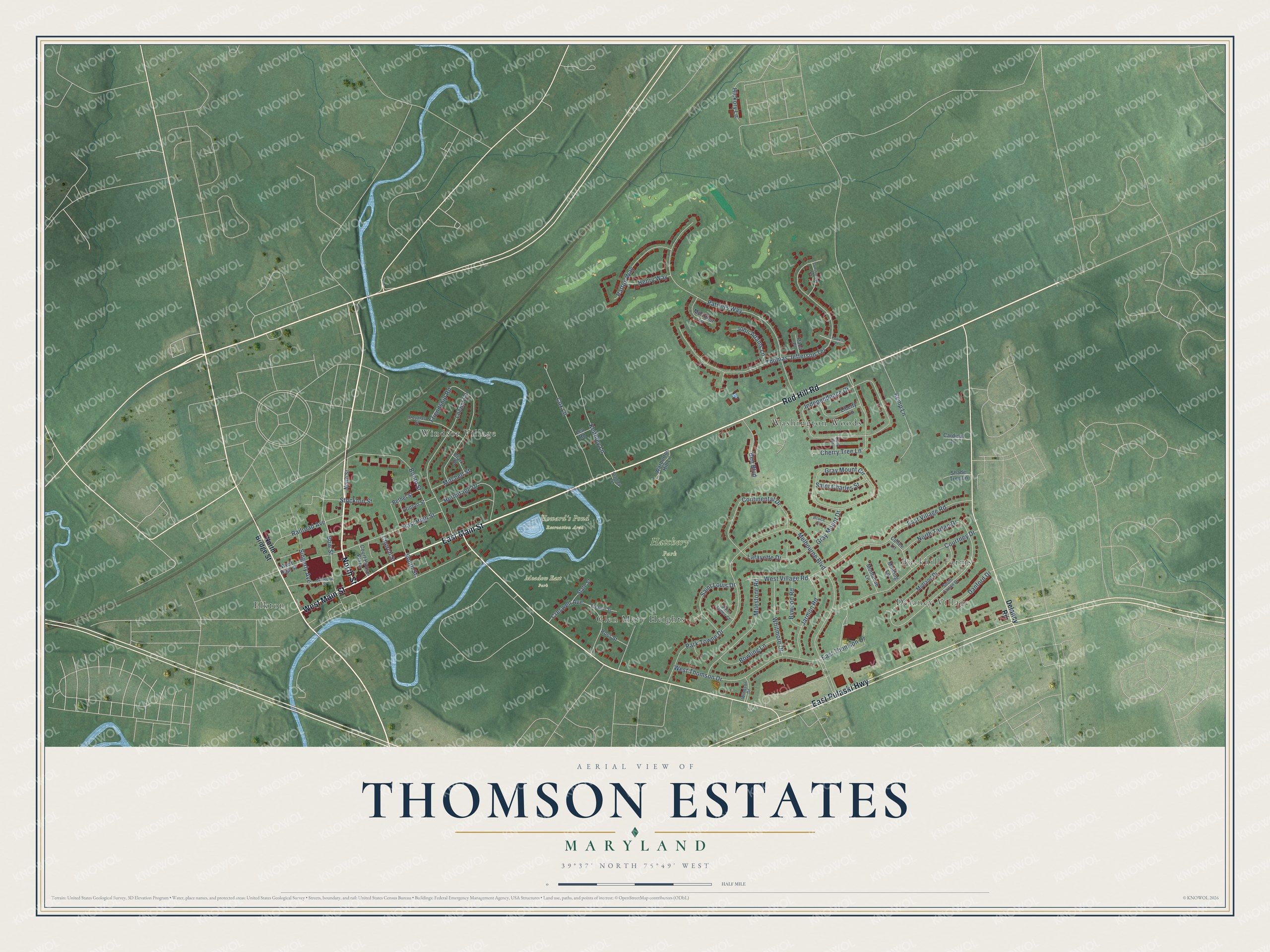 Full map of Thomson Estates, Maryland, with red buildings, printed street names and the land around them