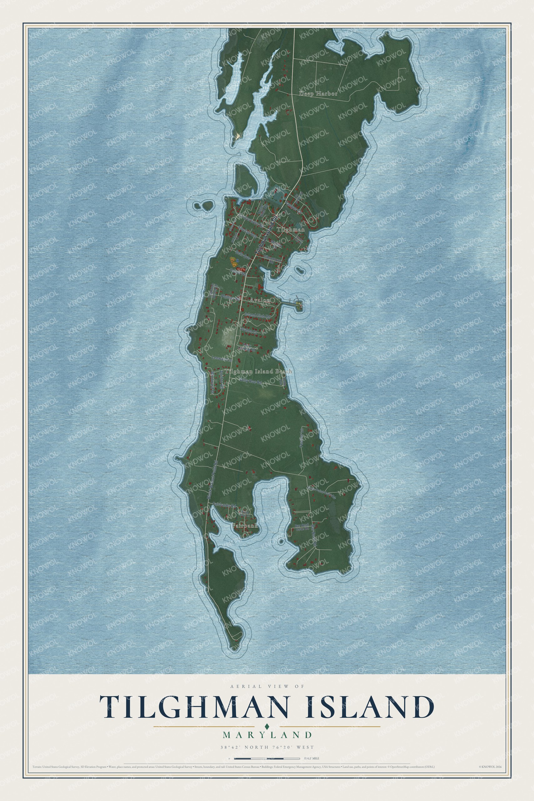 Full map of Tilghman Island, Maryland, with red buildings, printed street names and the land around them
