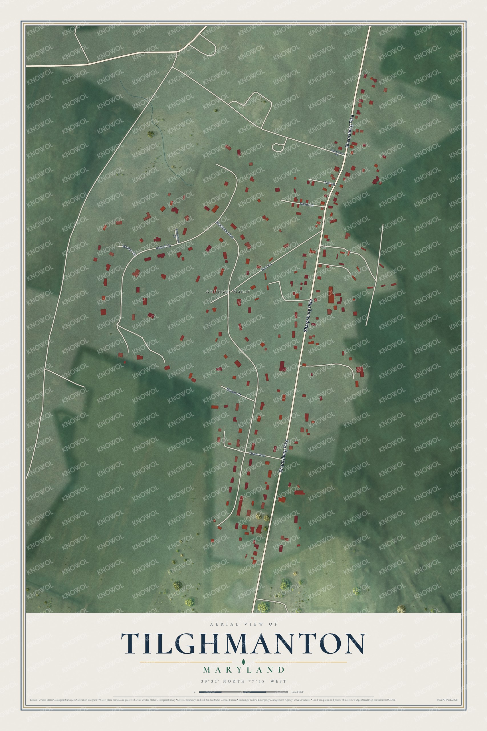 Full map of Tilghmanton, Maryland, with red buildings, printed street names and the land around them