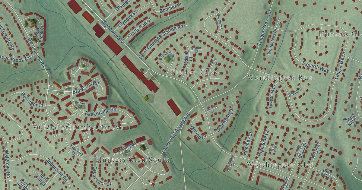 Close-up of streets and buildings in Timber Grove, Maryland