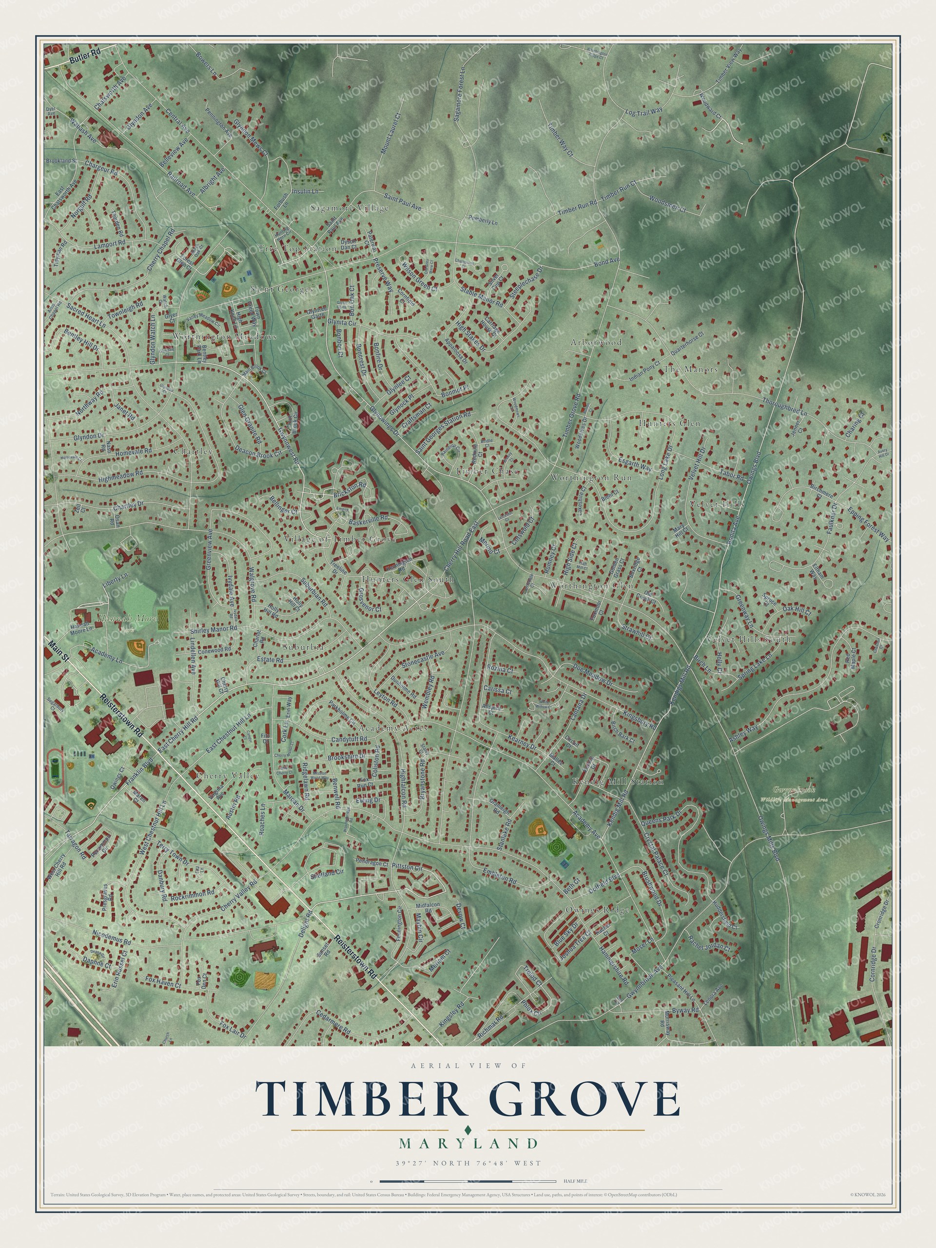 Full map of Timber Grove, Maryland, with red buildings, printed street names and the land around them